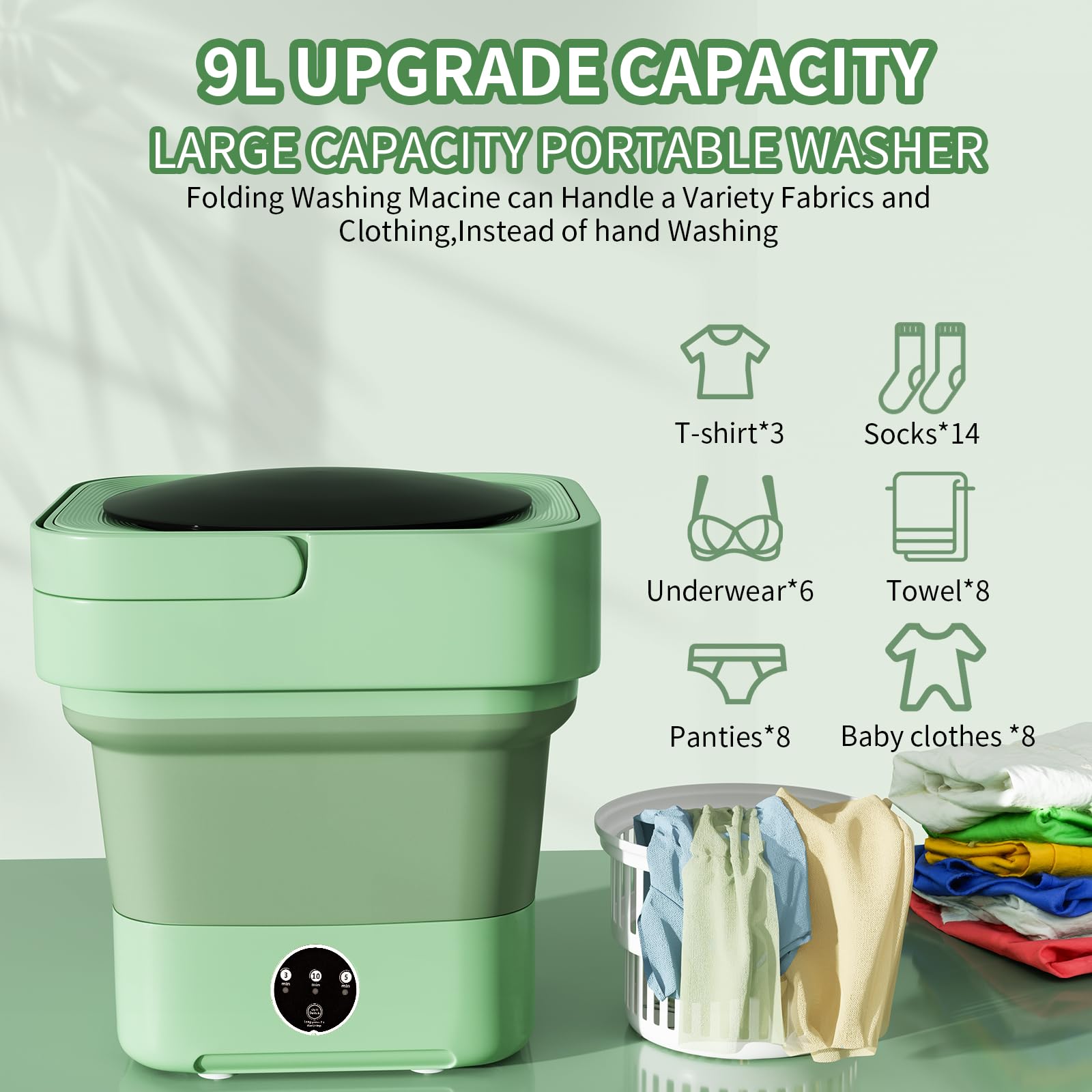 8L Folding Portable Washer for Baby Clothes, Travel, Camping