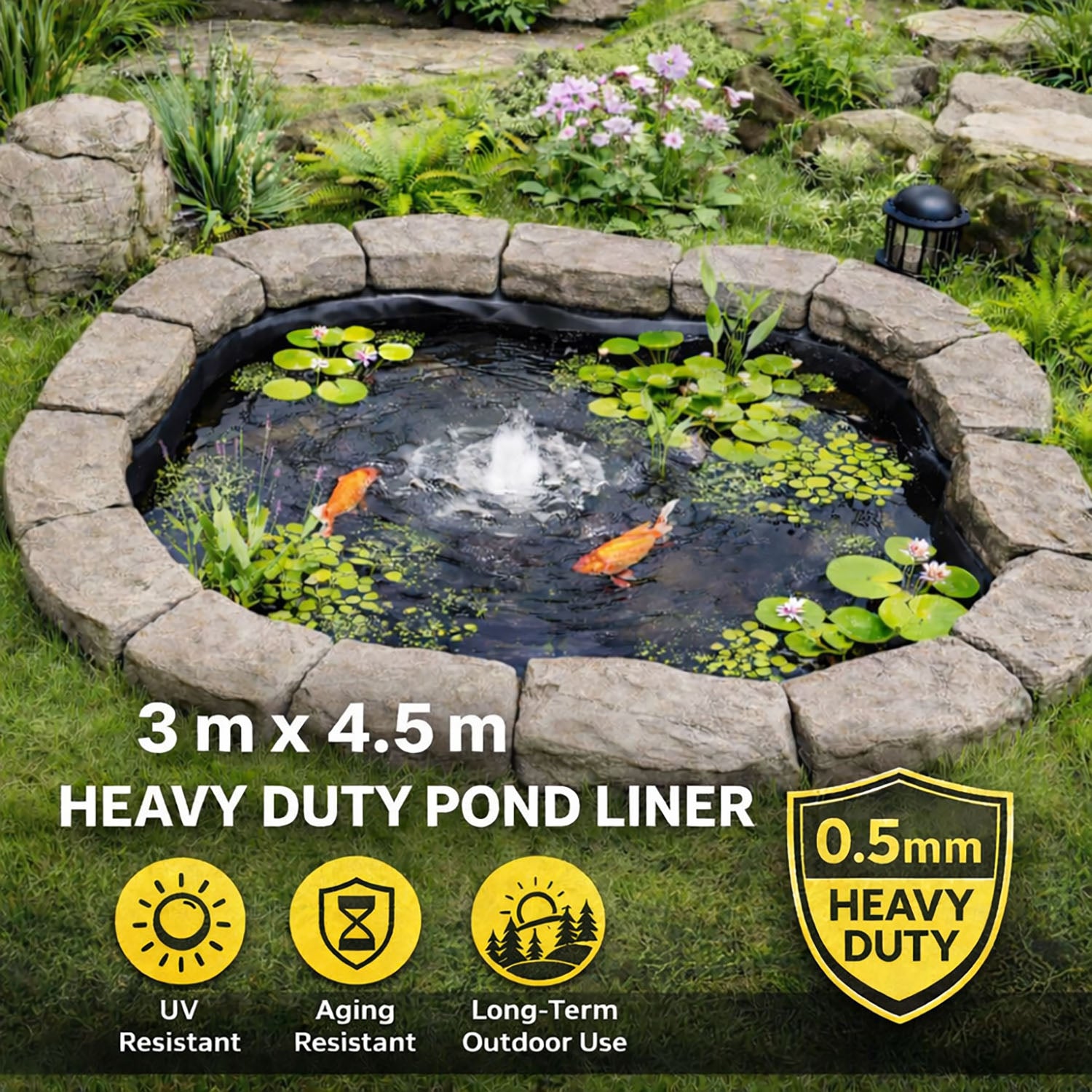 Heavy Duty 0.5mm HDPE Pond Liner Waterproof Sheet 4.5m x 3m for Garden & Fish Ponds