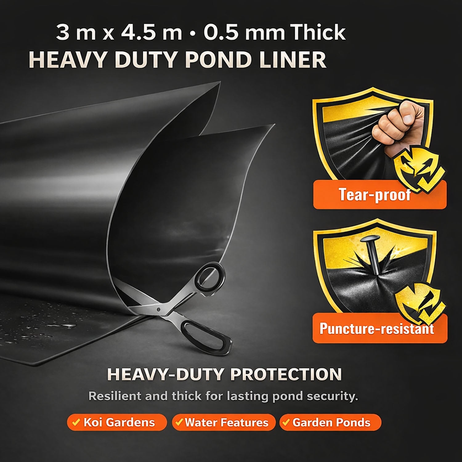 Heavy Duty 0.5mm HDPE Pond Liner Waterproof Sheet 4.5m x 3m for Garden & Fish Ponds
