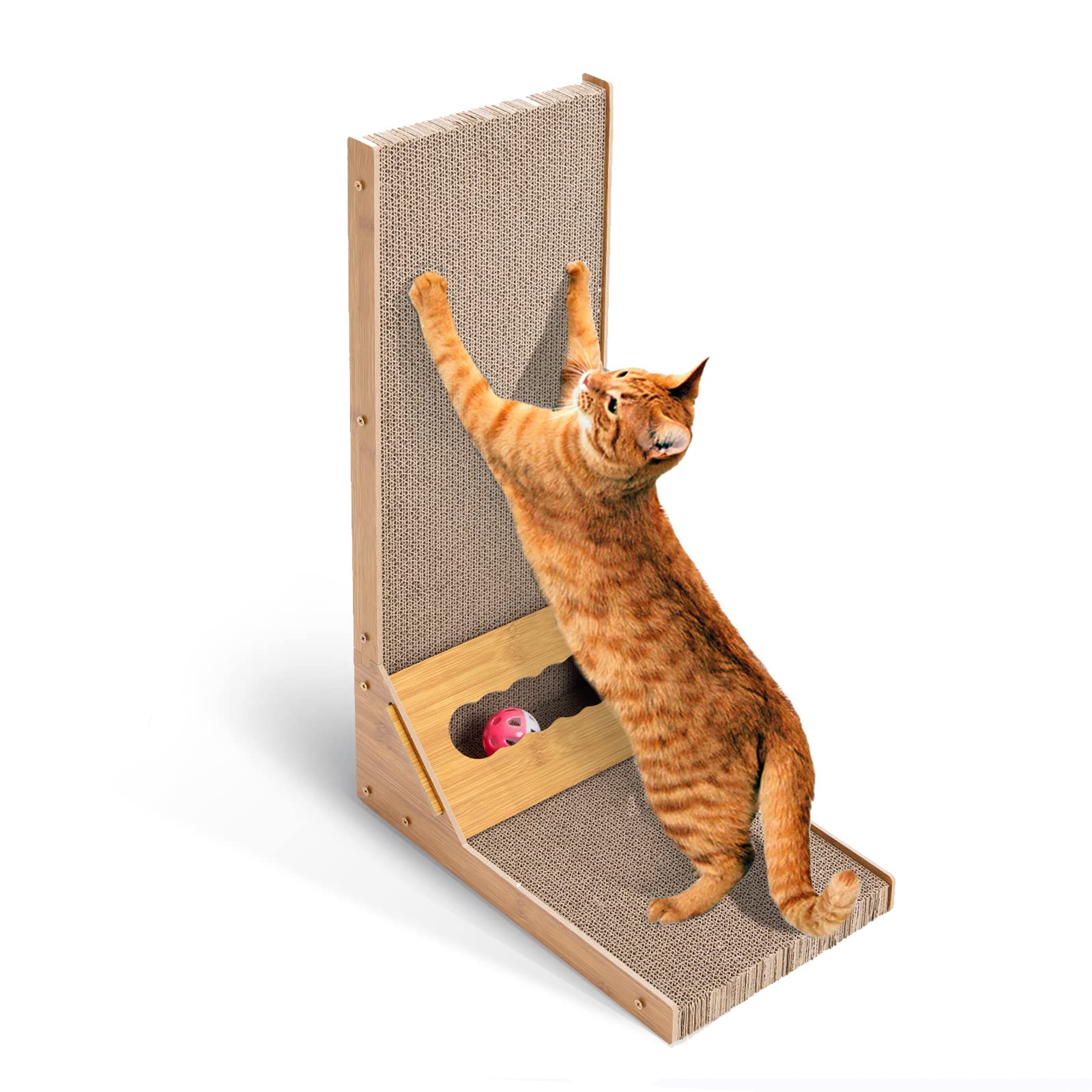 L-Shaped Cat Scratcher Pad with Wood Frame & Bell Ball