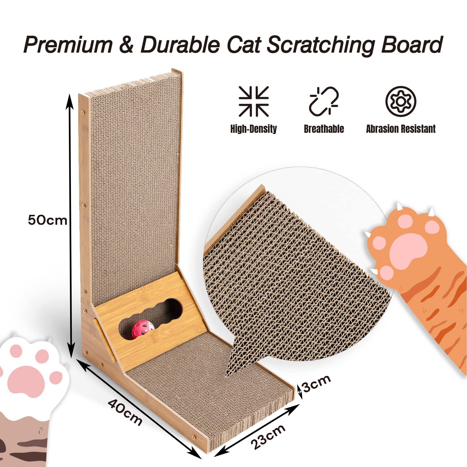 L-Shaped Cat Scratcher Pad with Wood Frame & Bell Ball