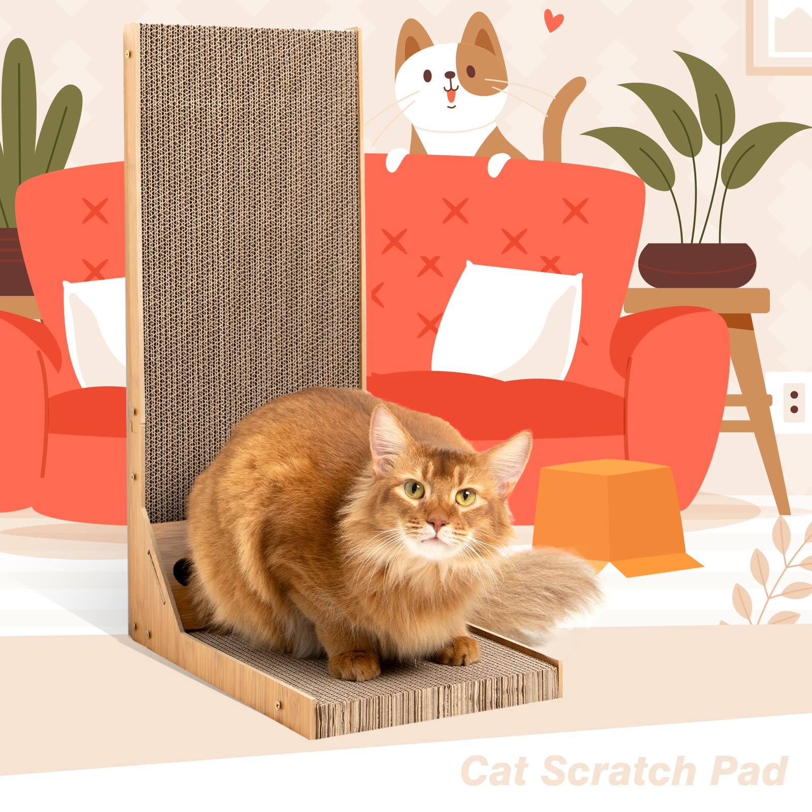 L-Shaped Cat Scratcher Pad with Wood Frame & Bell Ball