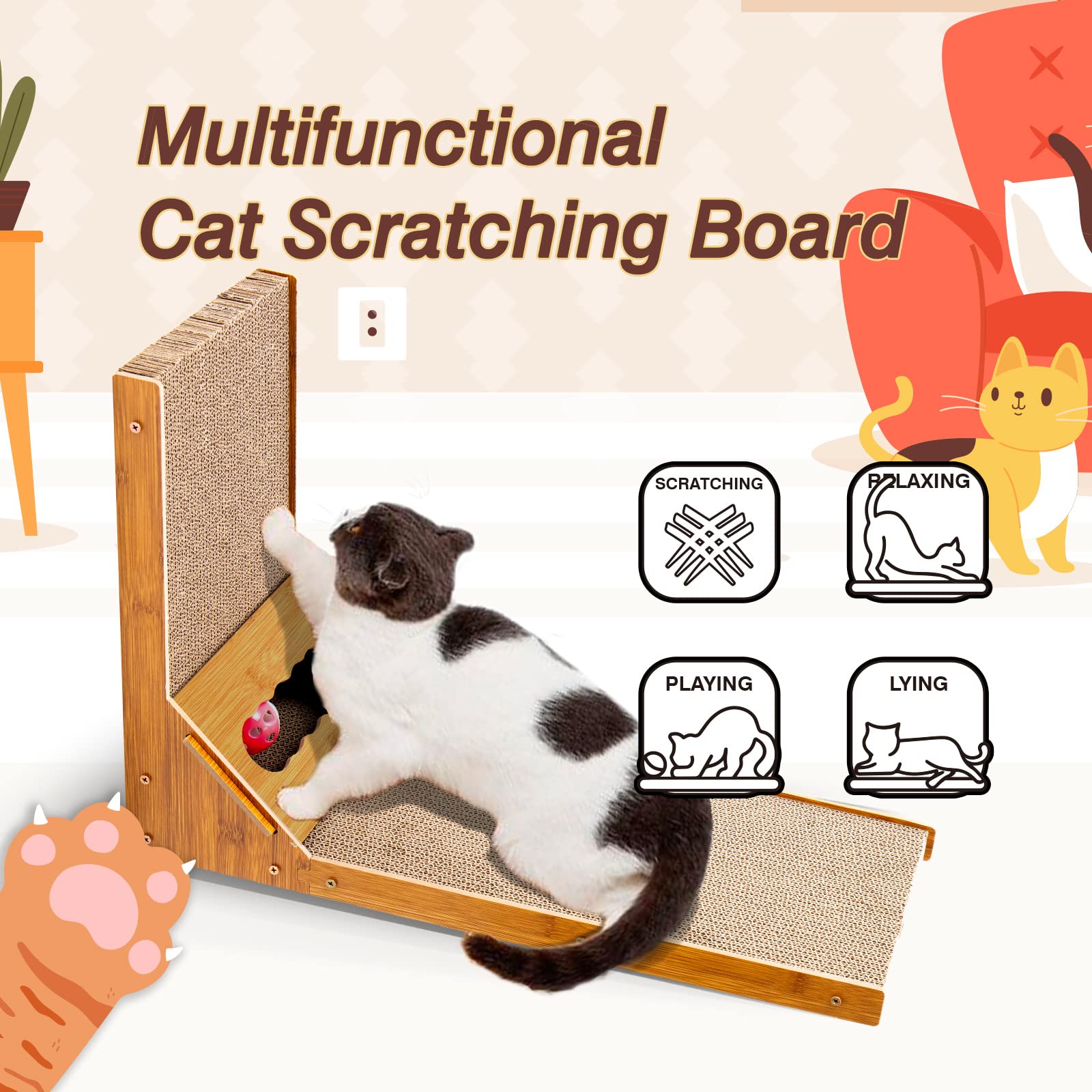 L-Shaped Cat Scratcher Pad with Wood Frame & Bell Ball