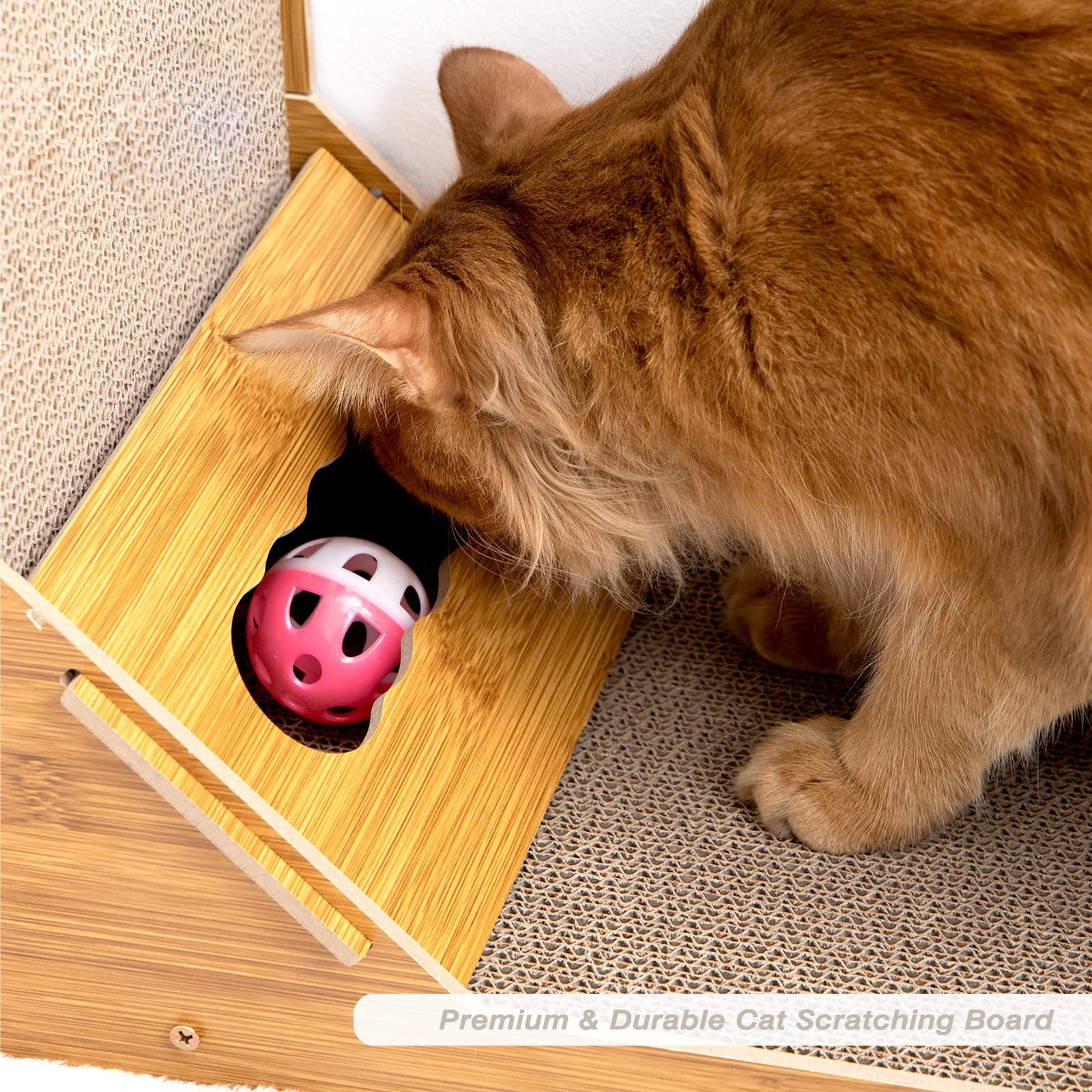 L-Shaped Cat Scratcher Pad with Wood Frame & Bell Ball