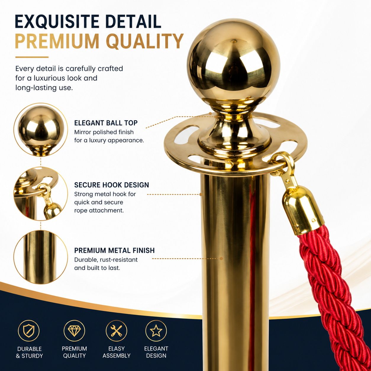 Gold Queue Barrier Stanchion Set of 2 with Red Velvet Rope Crowd Control Bollards