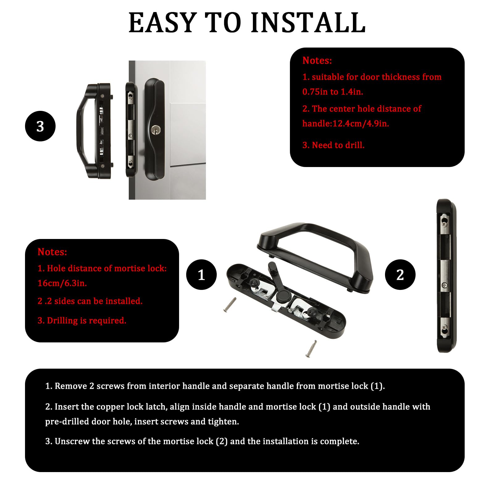 Reversible Black Sliding Patio Door Handle Set with Keyed Lock