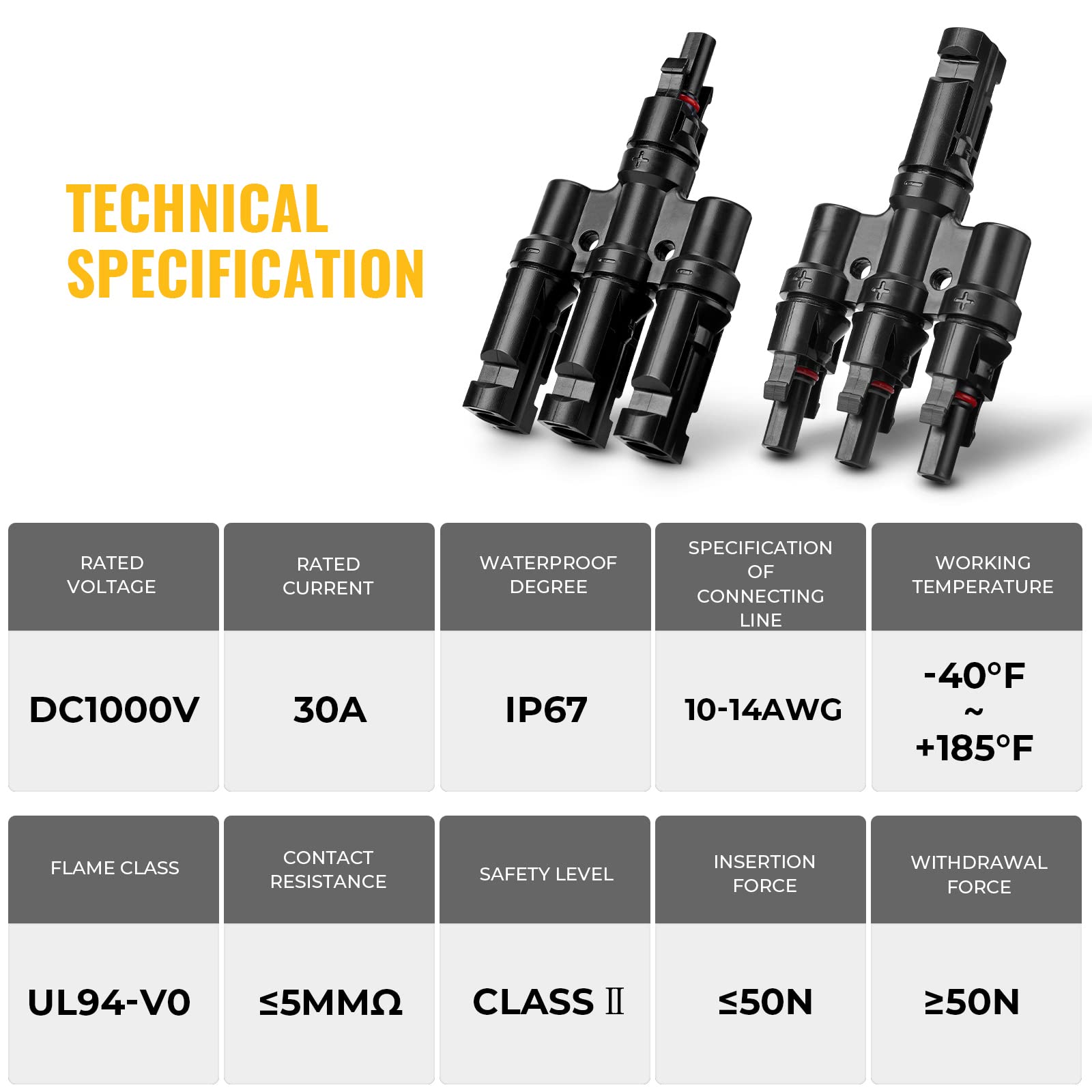 Waterproof 3 to 1 Solar PV Panel Cable Connectors, 1 Pair