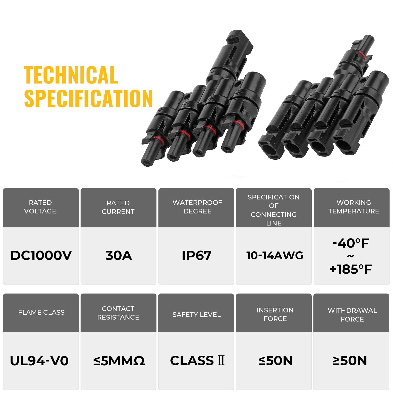 4 to 1 Waterproof Solar Branch Cable Connectors, PV Panel