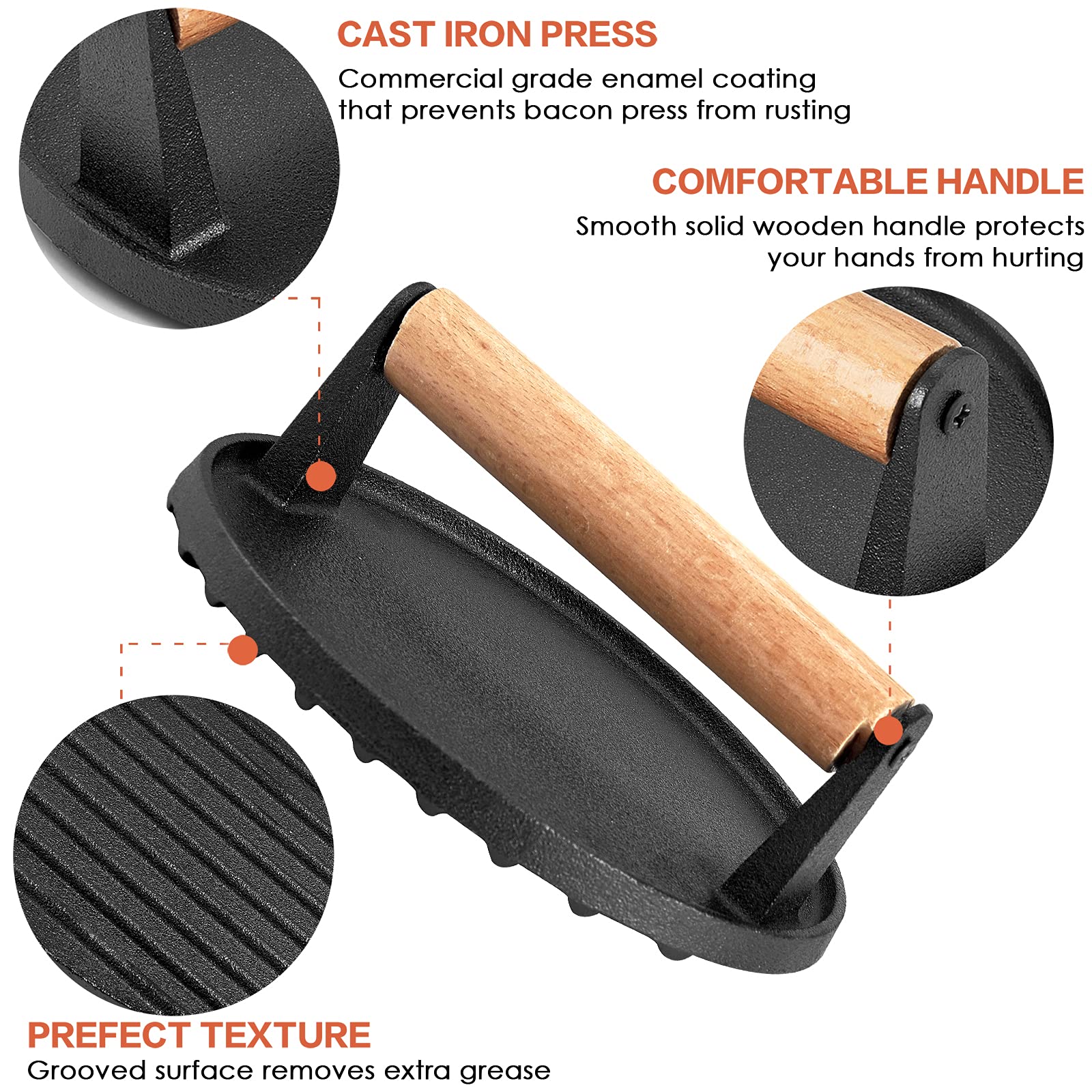 Heavy Duty Cast Iron Grill Press with Wooden Handle