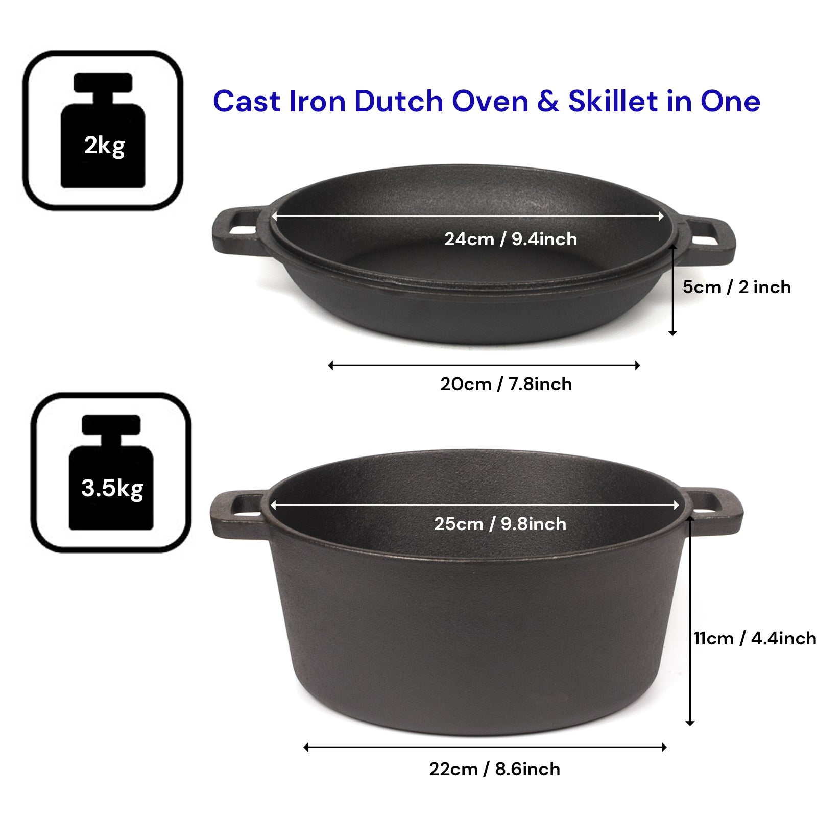26cm 2-in-1 Cast Iron Dutch Oven & Skillet Set Pre-Seasoned Dual-Use Pot with Lid Fry Pan, Durable & Versatile Cookware