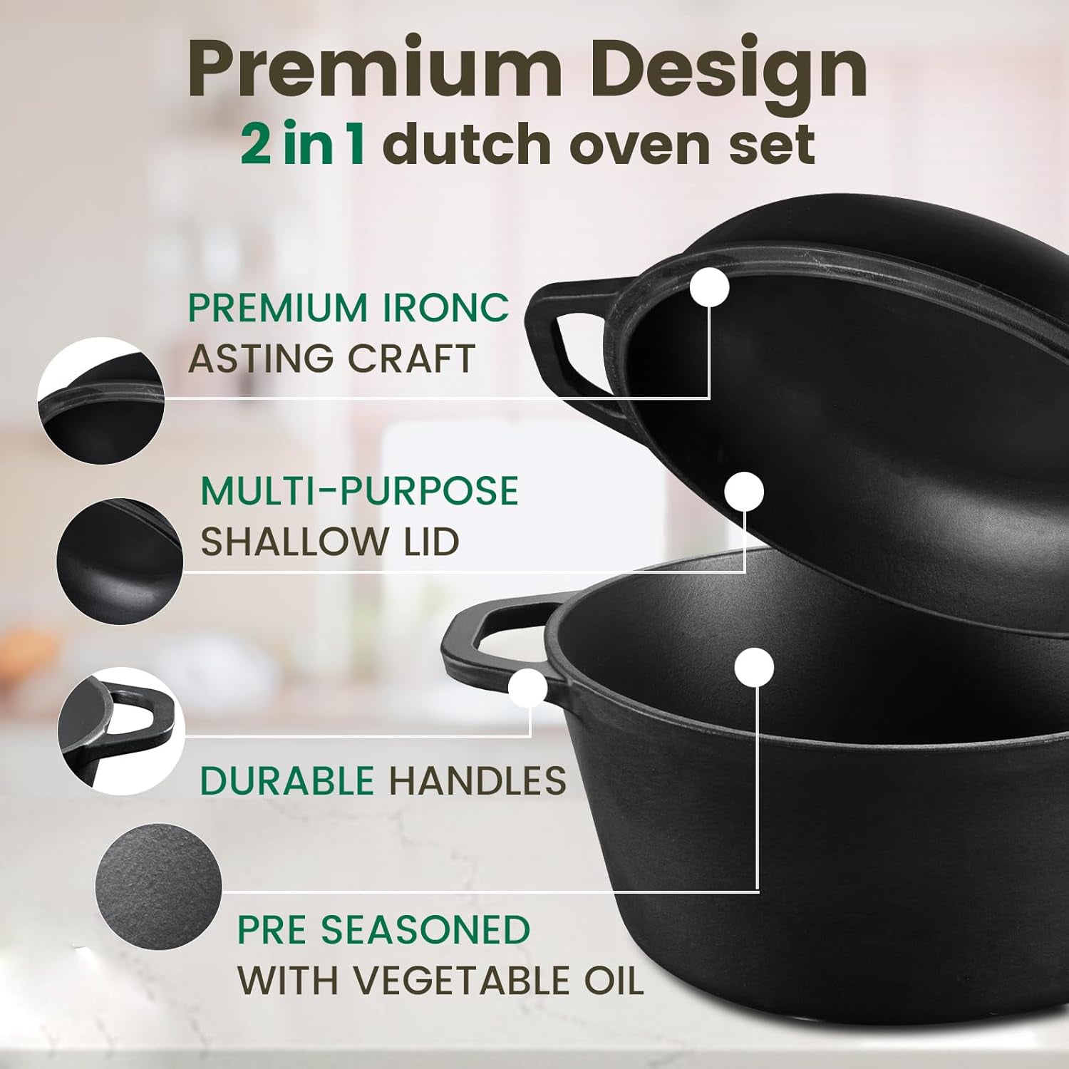 26cm 2-in-1 Cast Iron Dutch Oven & Skillet Set Pre-Seasoned Dual-Use Pot with Lid Fry Pan, Durable & Versatile Cookware