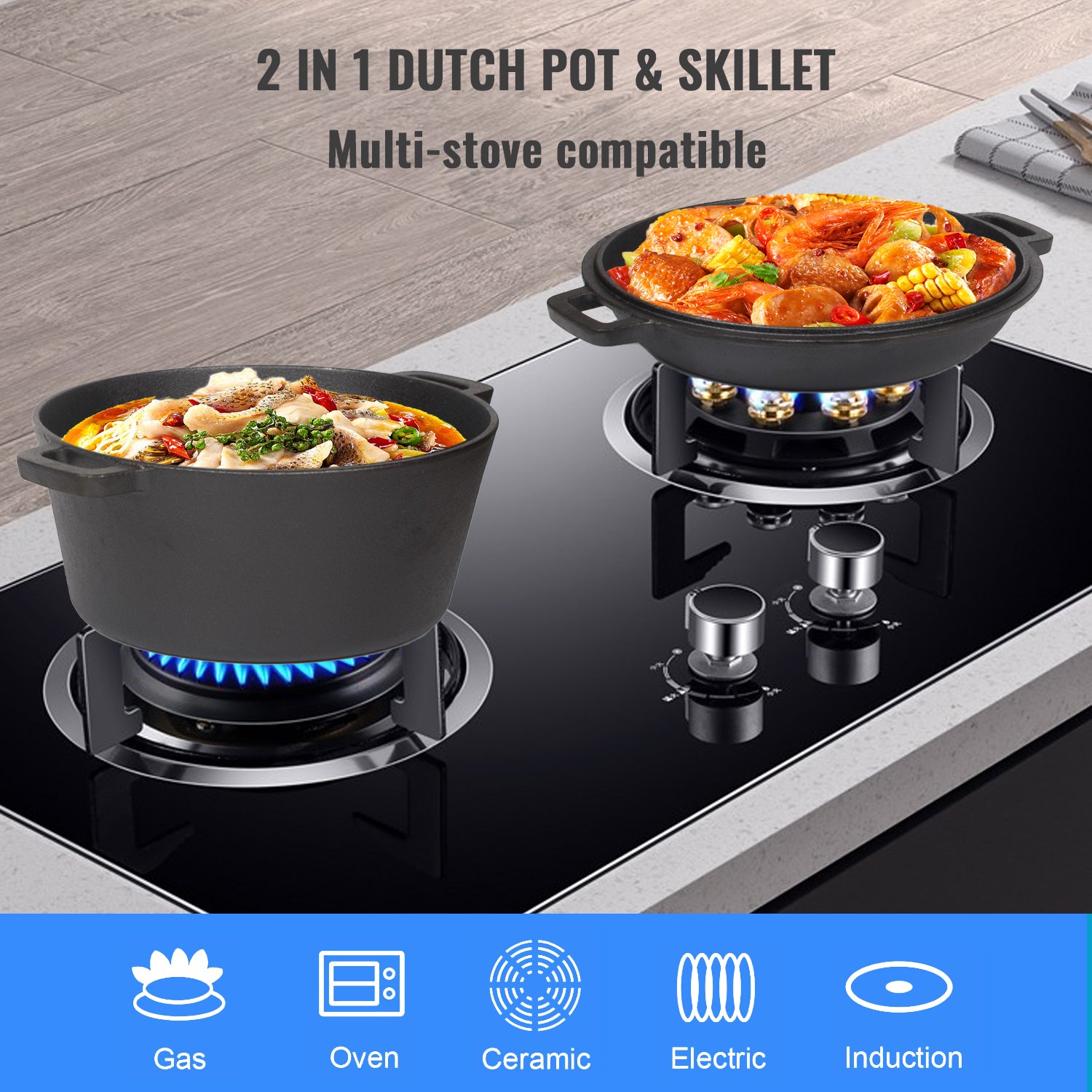 26cm 2-in-1 Cast Iron Dutch Oven & Skillet Set Pre-Seasoned Dual-Use Pot with Lid Fry Pan, Durable & Versatile Cookware