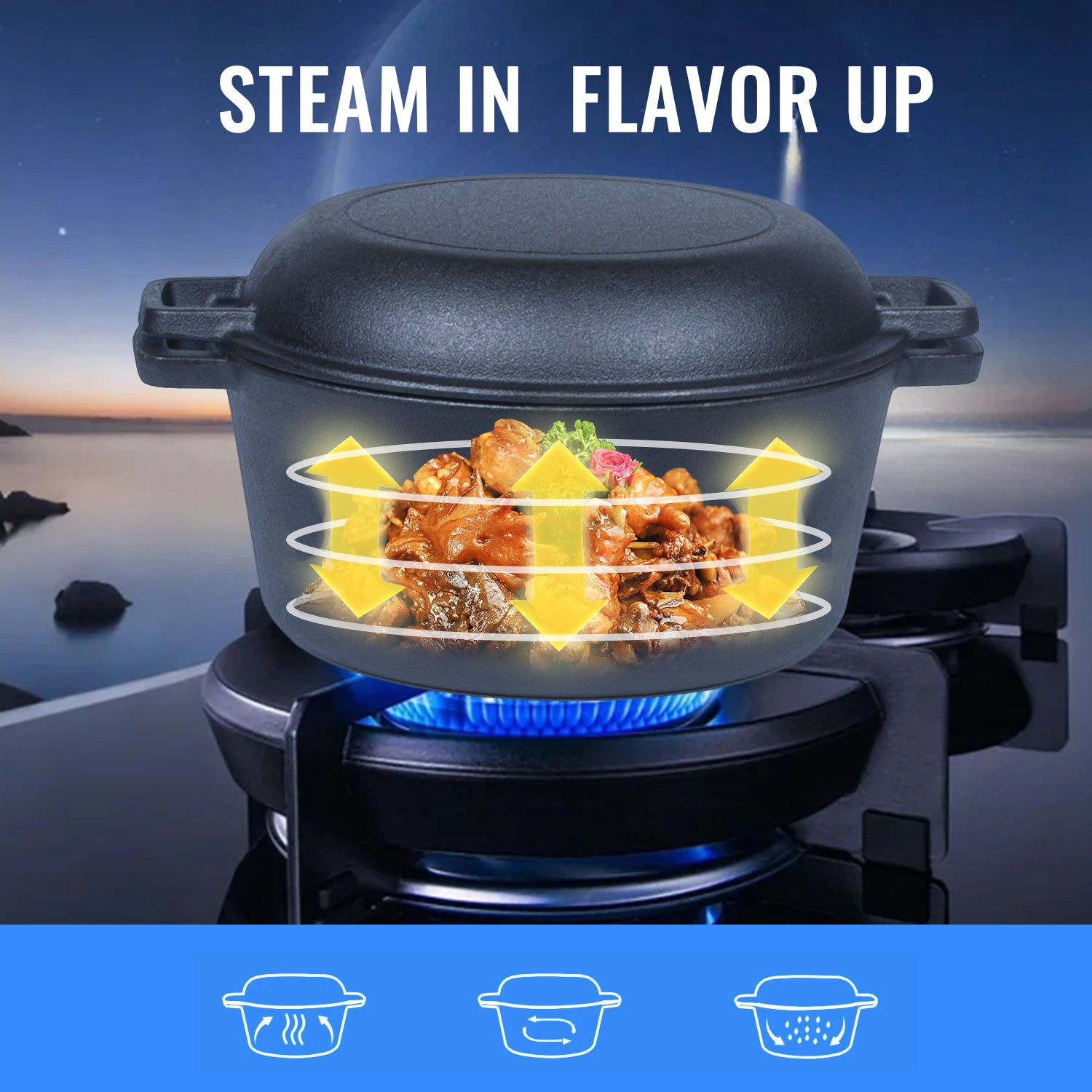 26cm 2-in-1 Cast Iron Dutch Oven & Skillet Set Pre-Seasoned Dual-Use Pot with Lid Fry Pan, Durable & Versatile Cookware