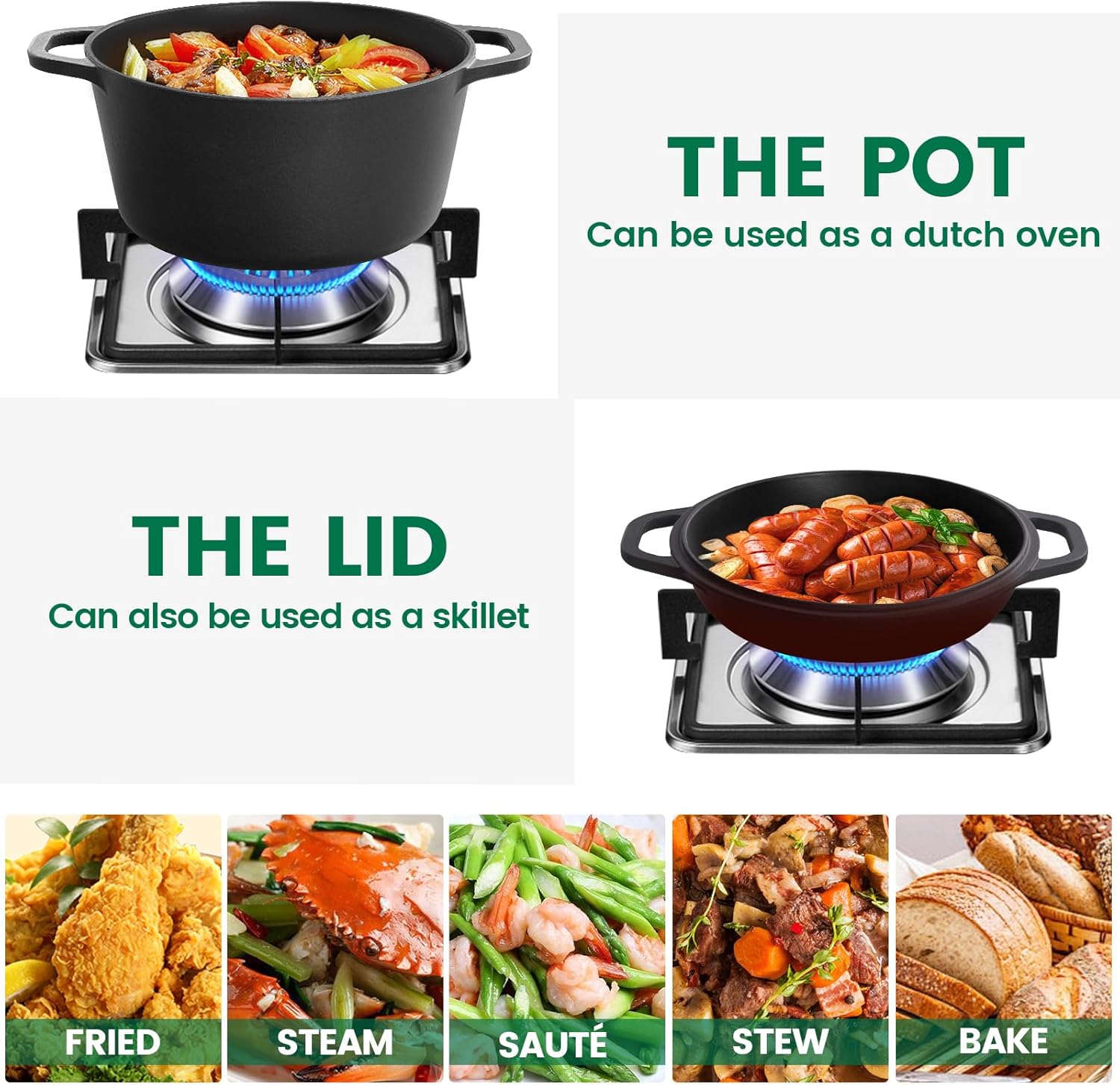 26cm 2-in-1 Cast Iron Dutch Oven & Skillet Set Pre-Seasoned Dual-Use Pot with Lid Fry Pan, Durable & Versatile Cookware