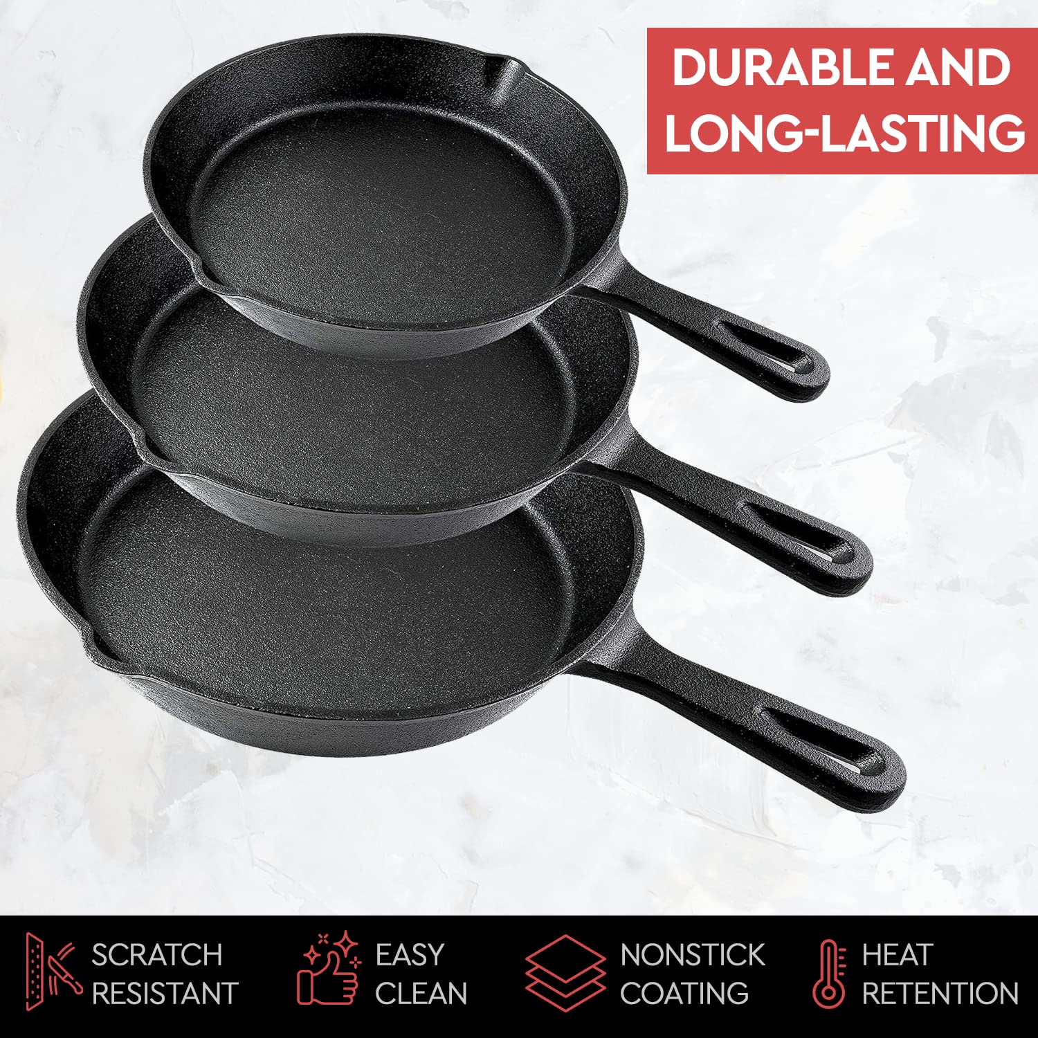 Heavy Duty Cast Iron Skillet Set, 3-Piece, Pre-Seasoned