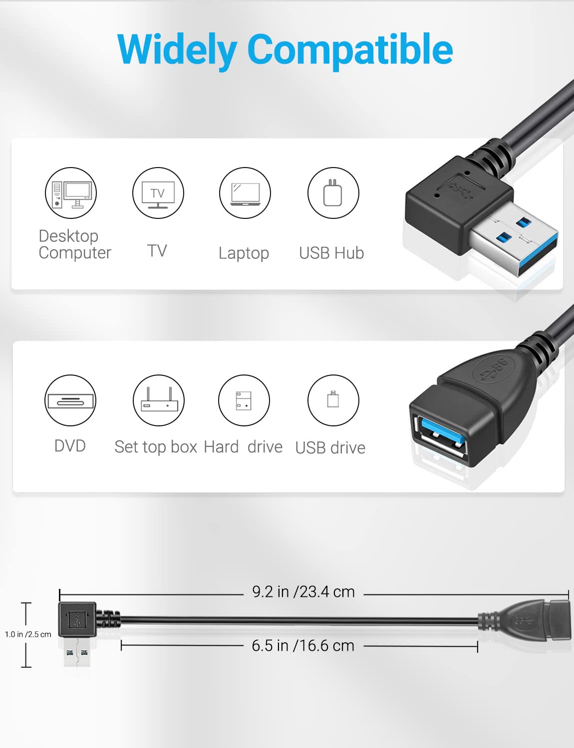 USB 3.0 Right Angle Extension Cable 23cm, 5Gbps, Nickel-Plated