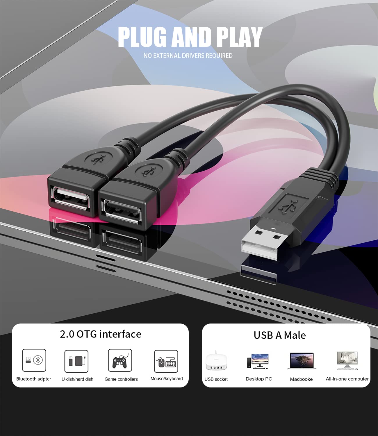 High-Speed USB Splitter 1 Male to 2 Female, 40cm Cable