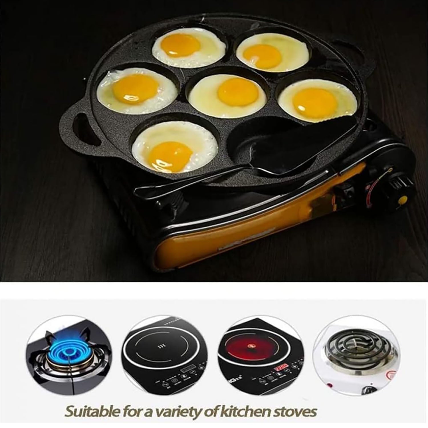 7 Cup Cast Iron Egg Fry Pan w/ 4 Compartments, 100% Cast Iron