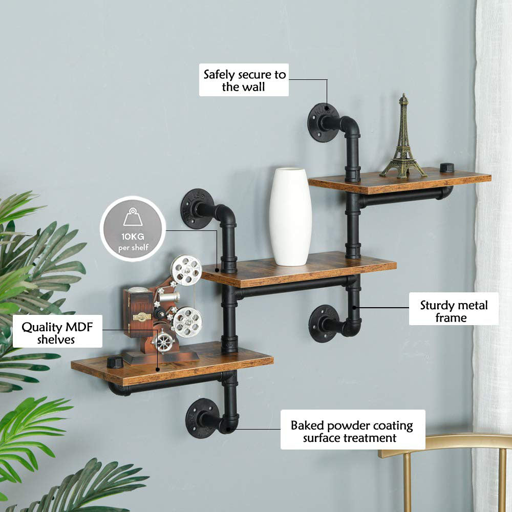 Sturdy 3-Tier Industrial Pipe Shelving Wall Mounted Retro Rustic Shelf