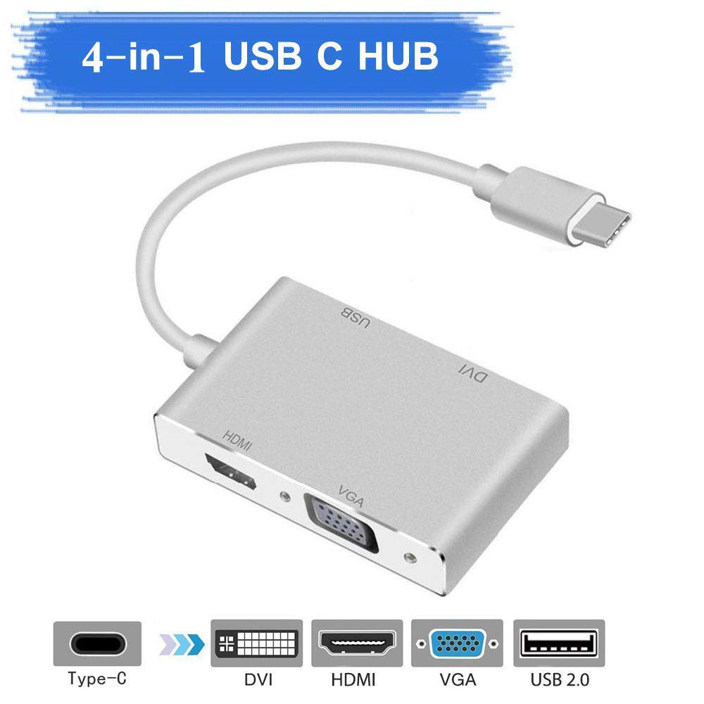 4-in-1 USB-C Hub 4K HDMI/VGA/DVI Adapter for Video Streaming