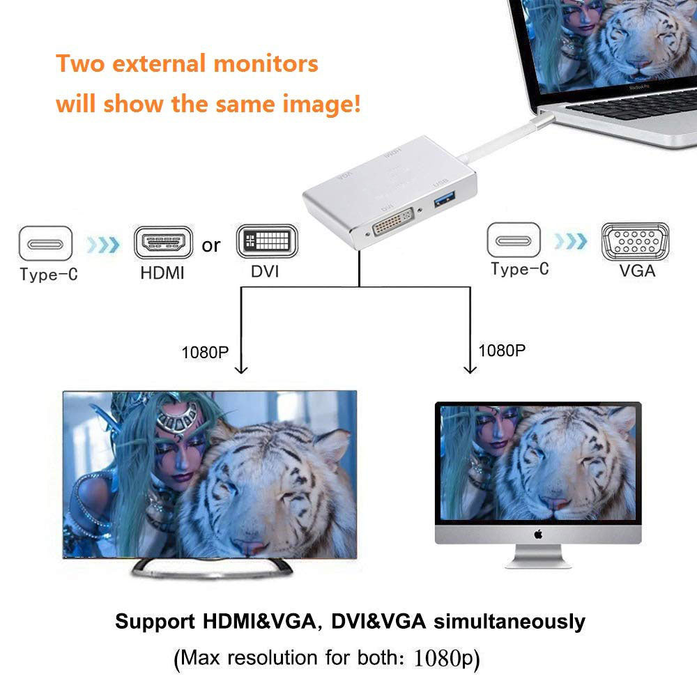 4-in-1 USB-C Hub 4K HDMI/VGA/DVI Adapter for Video Streaming