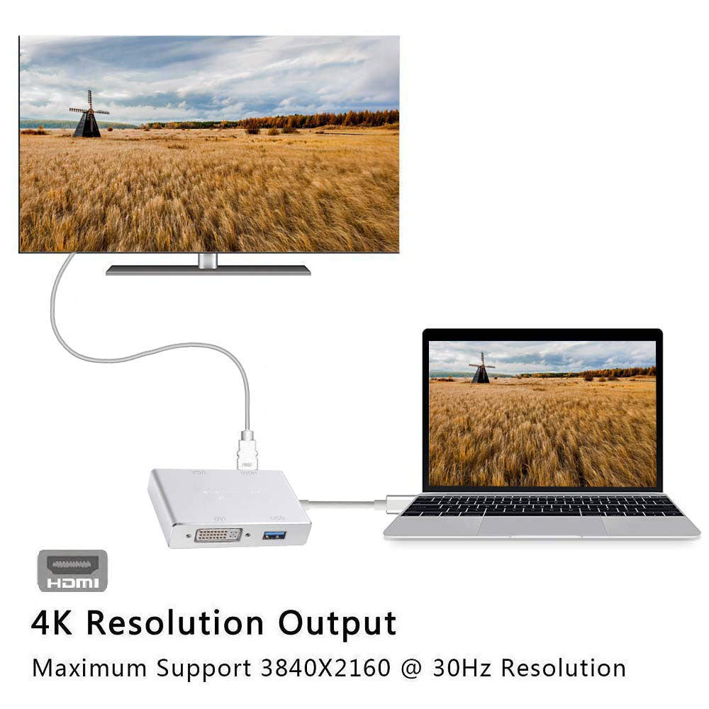 4-in-1 USB-C Hub 4K HDMI/VGA/DVI Adapter for Video Streaming