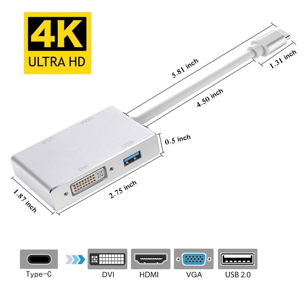 4-in-1 USB-C Hub 4K HDMI/VGA/DVI Adapter for Video Streaming