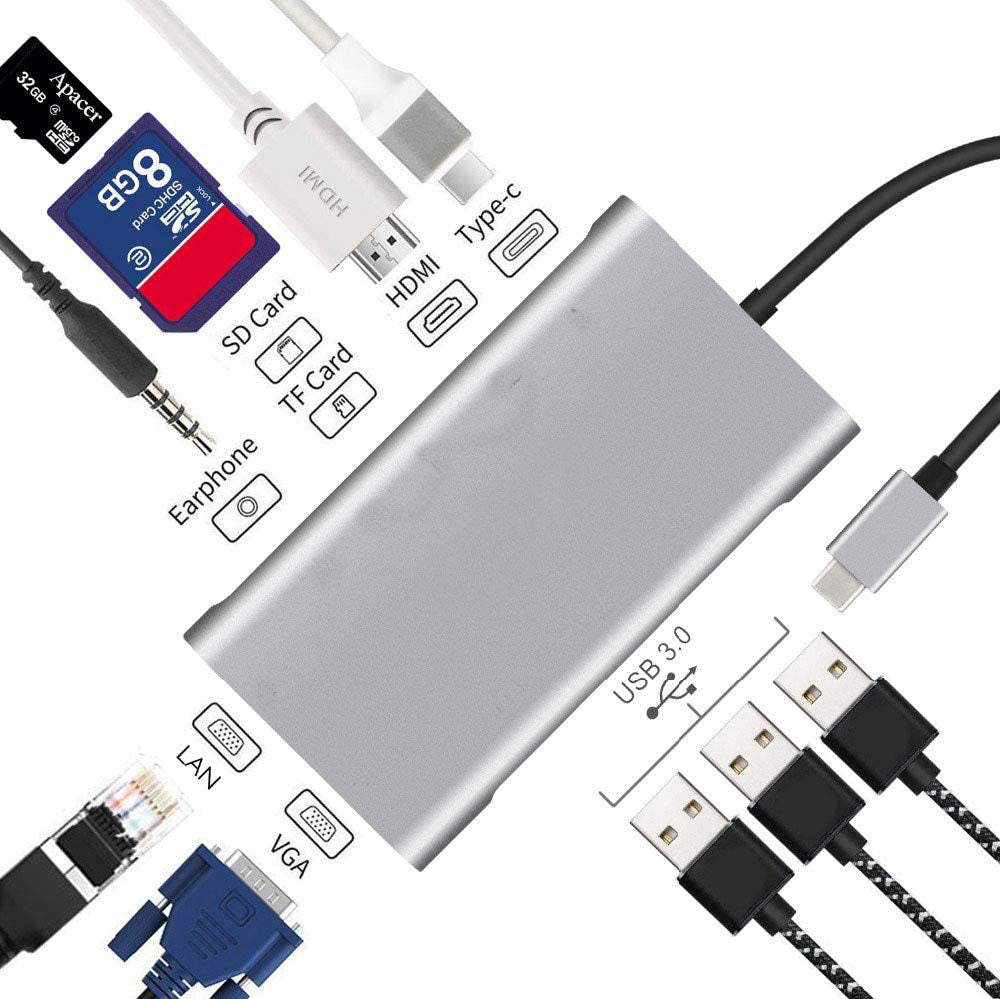 4K HDMI VGA USB Hub C 10 in 1 Adapter With Ethernet