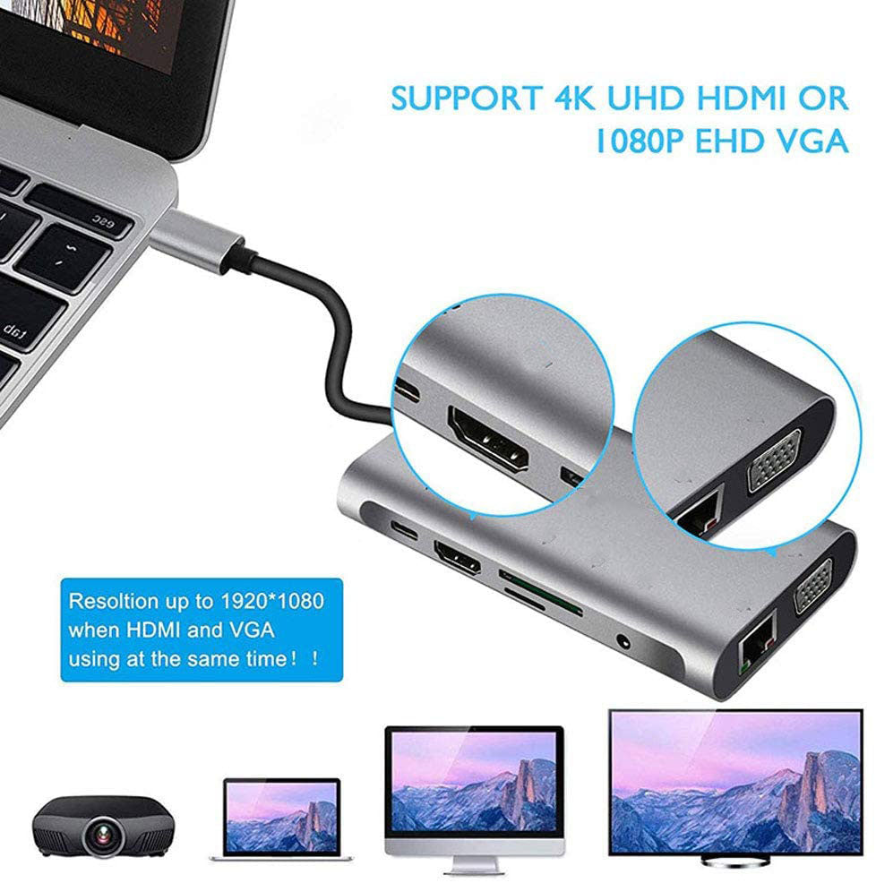 4K HDMI VGA USB Hub C 10 in 1 Adapter With Ethernet