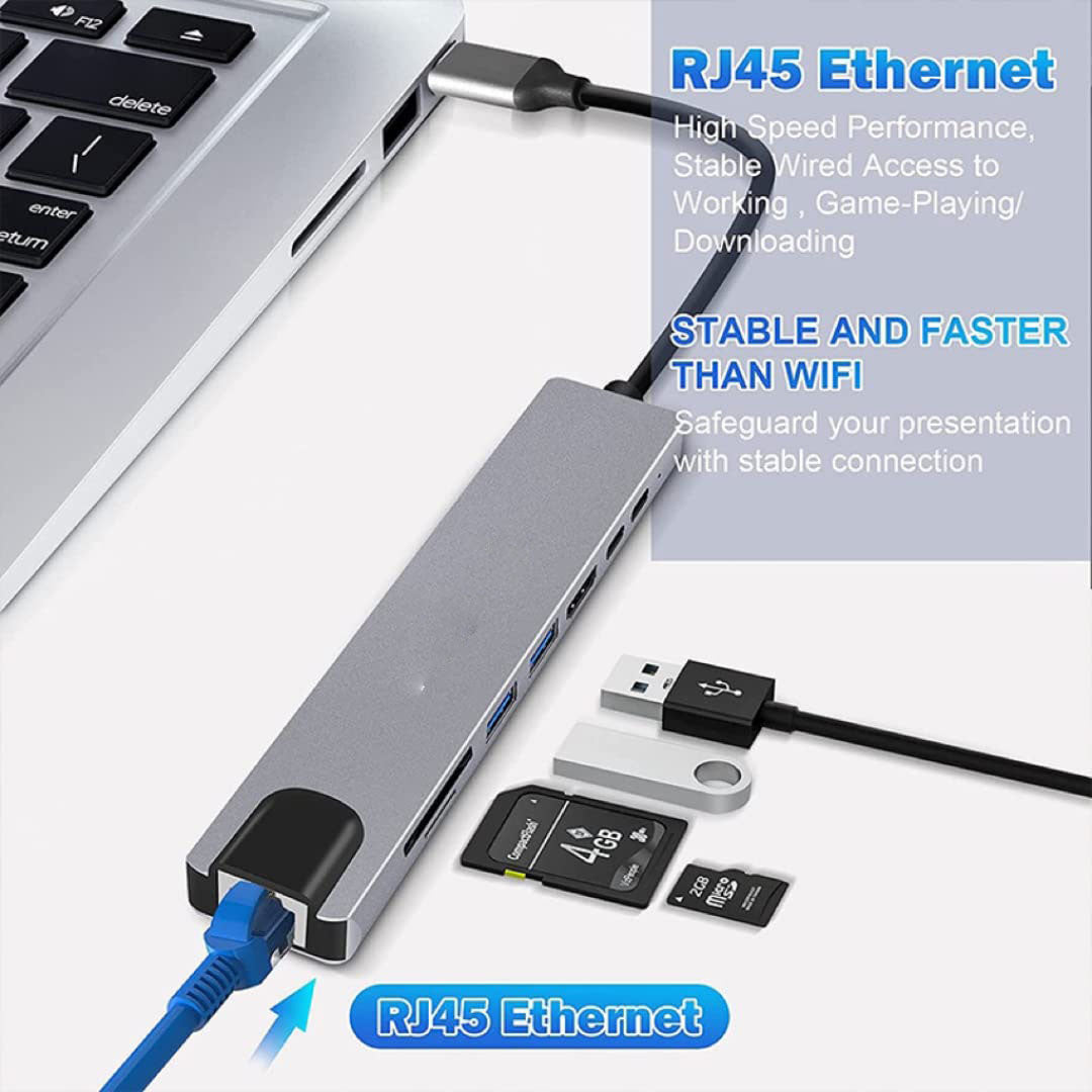 8in1 USB-C Hub 4K HDMI PD USB 3.0 RJ45 SD/TF Card Reader