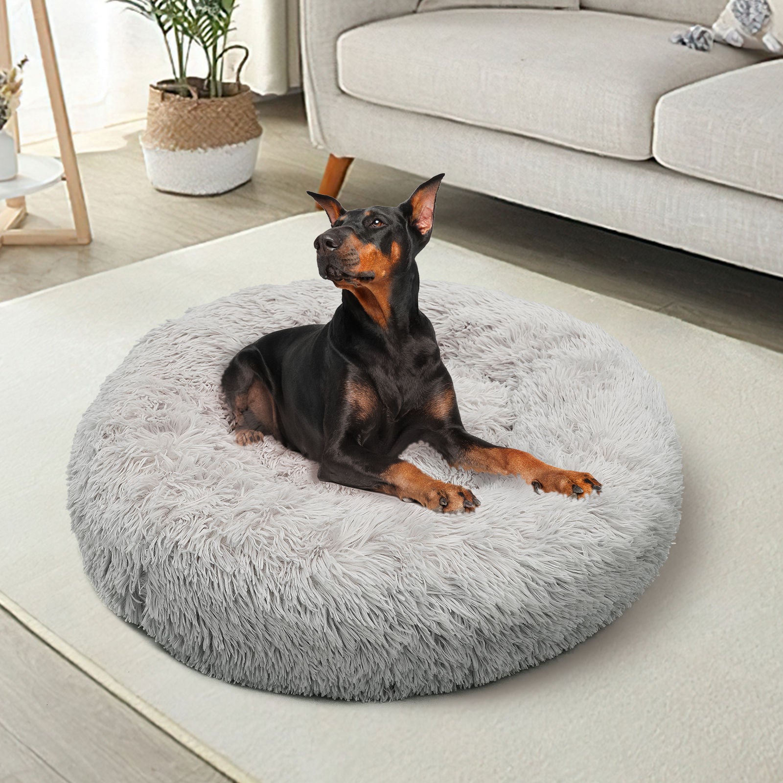 XXL Round Plush Pet Bed, Non-Slip, Washable, Light Grey