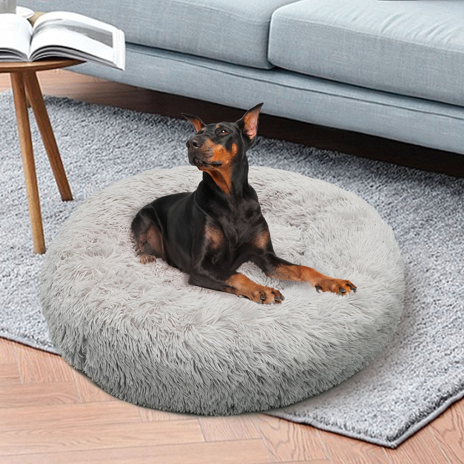 XXL Round Plush Pet Bed, Non-Slip, Washable, Light Grey