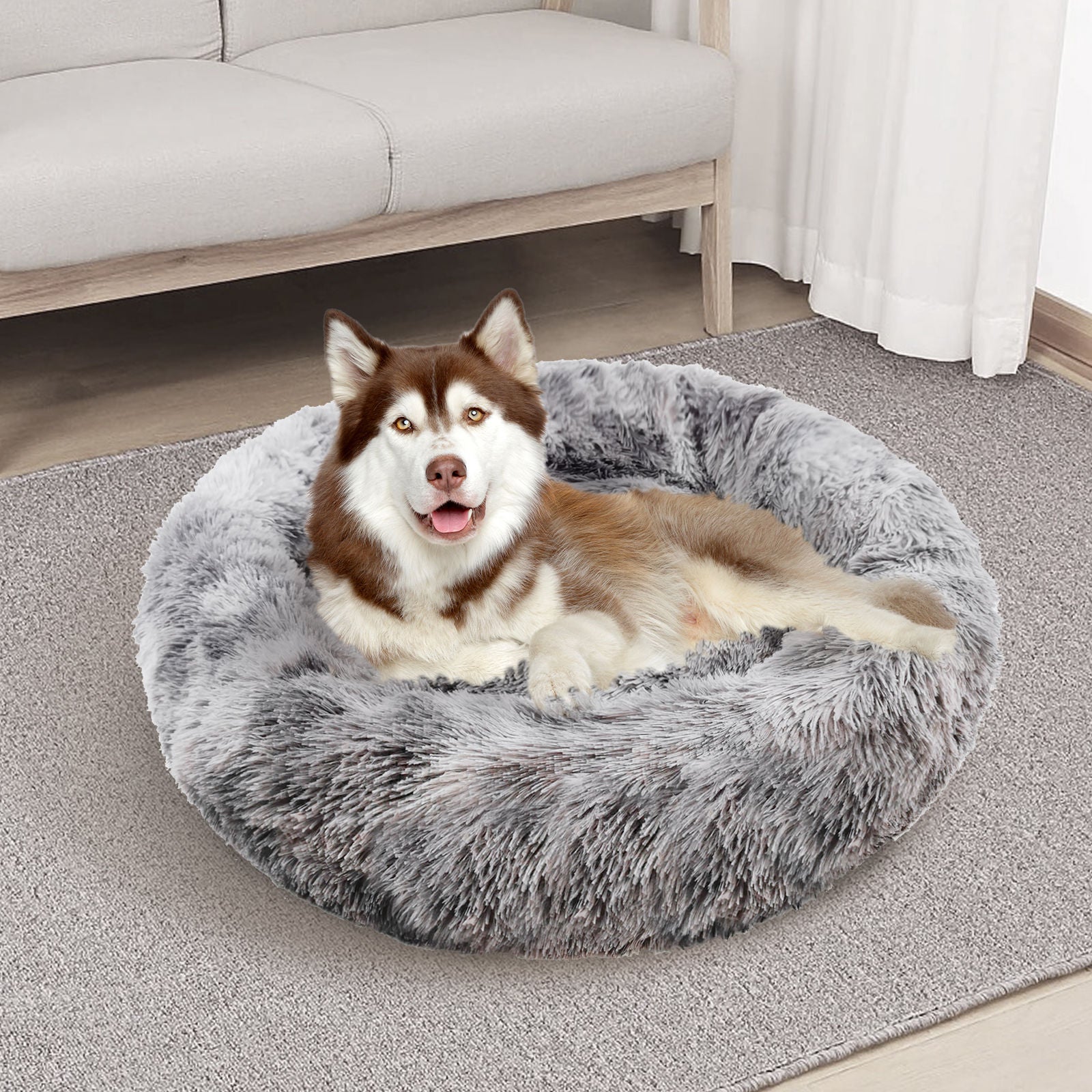 XL Pet Bed Calming Plush Round Non-Slip 120cm - Pawfriends