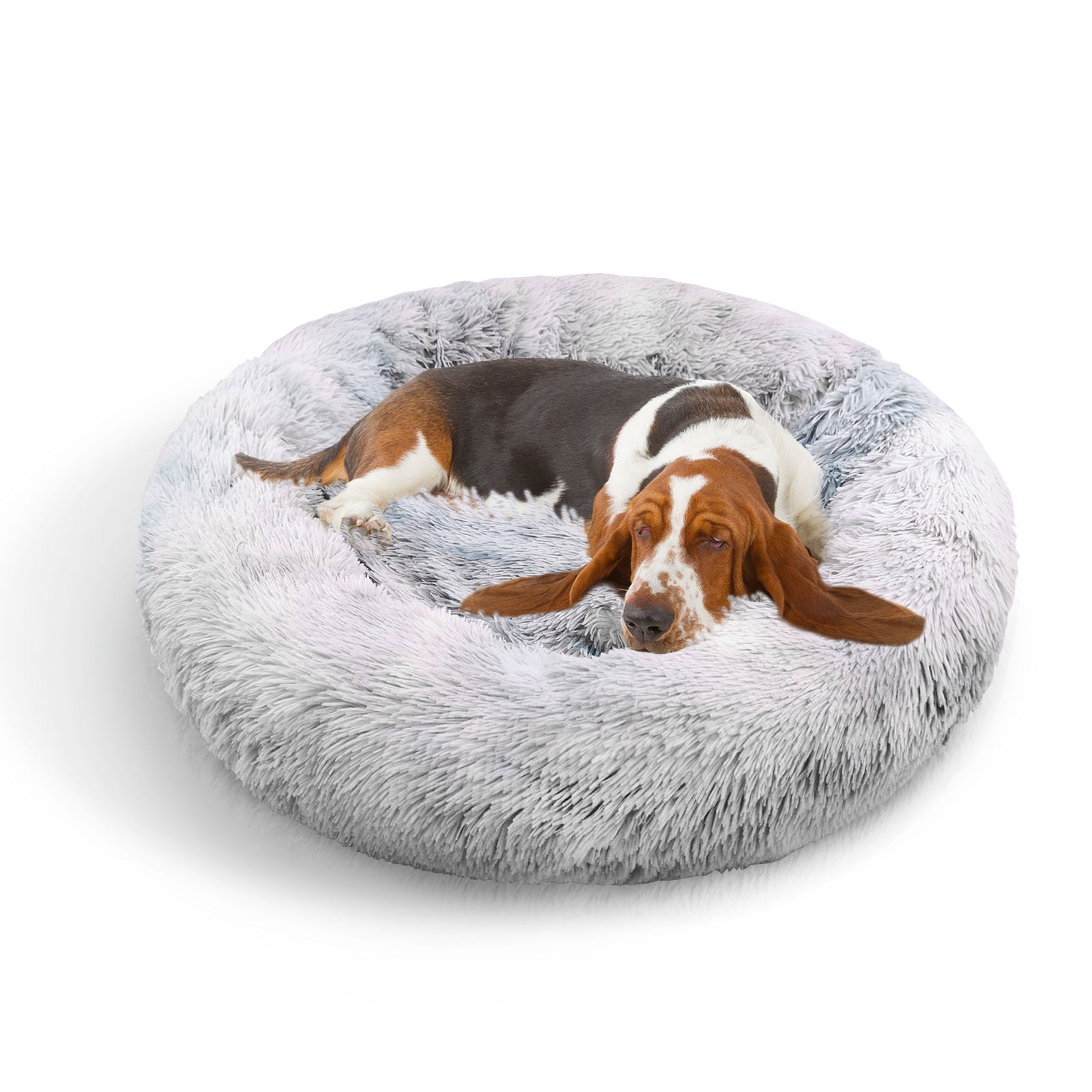 Calming Soft Round Plush Pet Bed, Light Gray, Large, 90cm