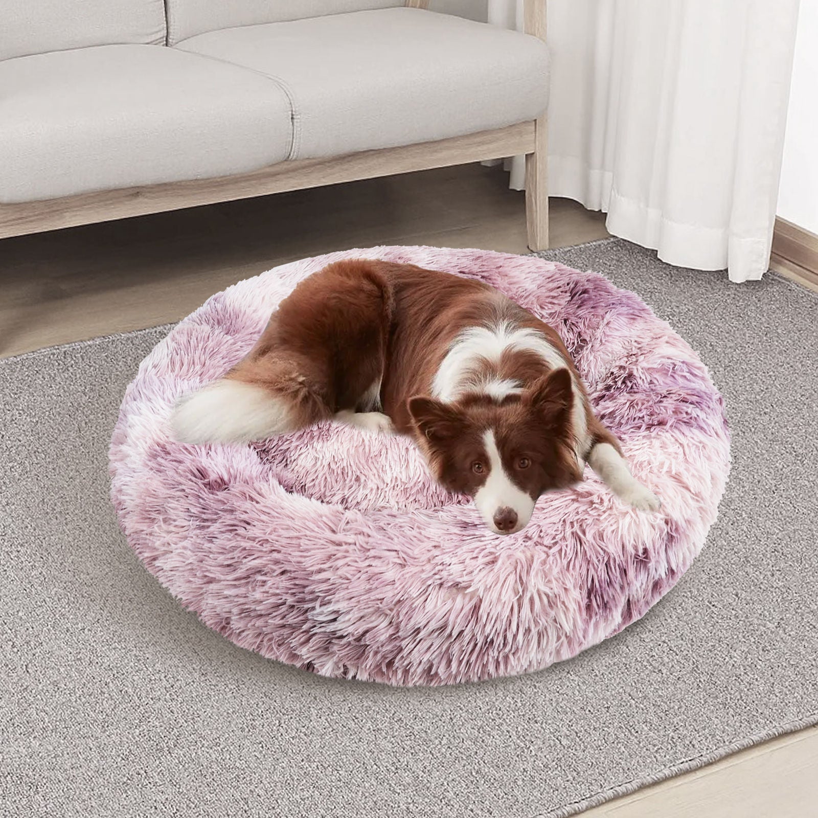 Soft Plush Calming Pet Bed - Round, Non-Slip, Purple - Pawfriends