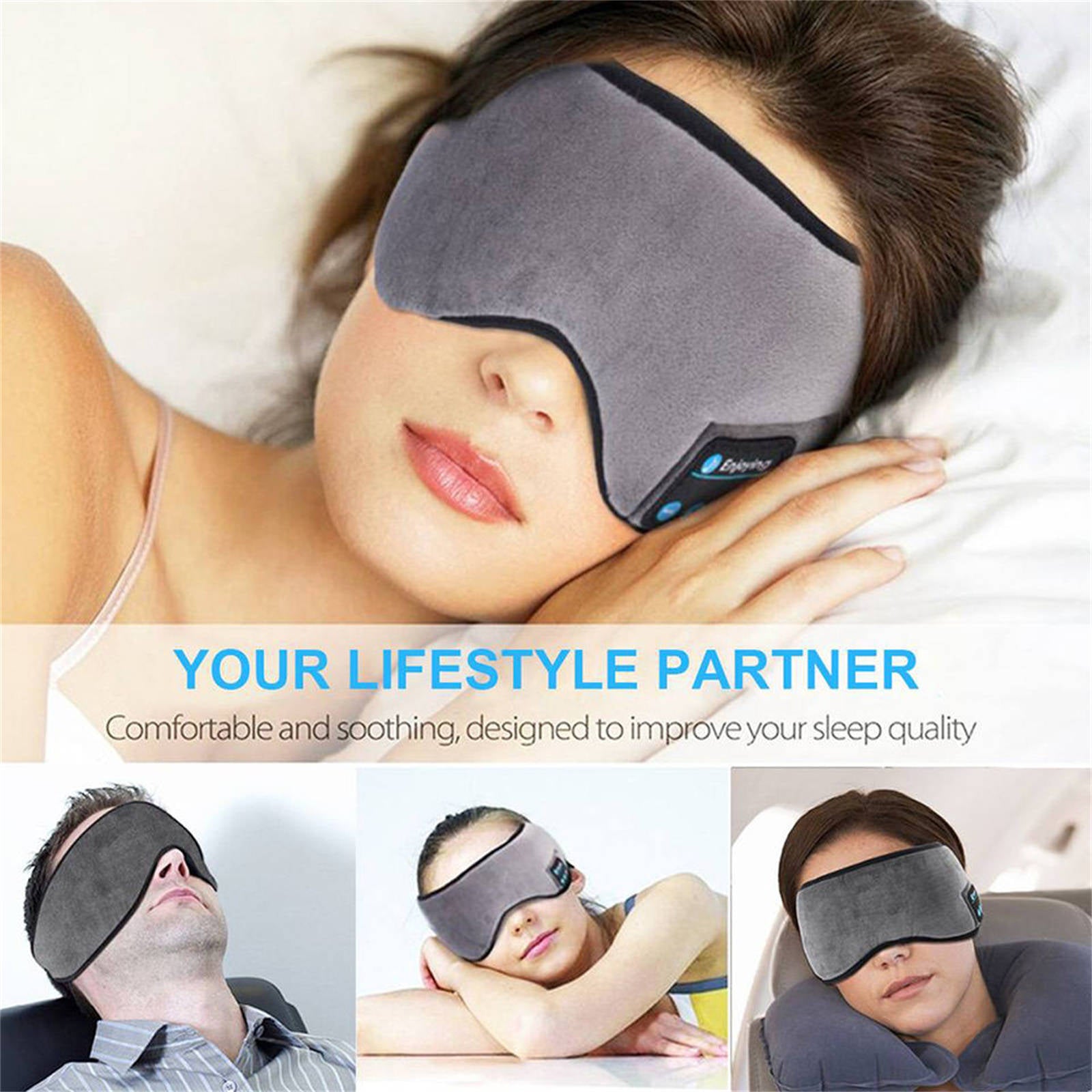 Bluetooth 5.0 Eye Mask Headphones with Mic, Grey - Mobax