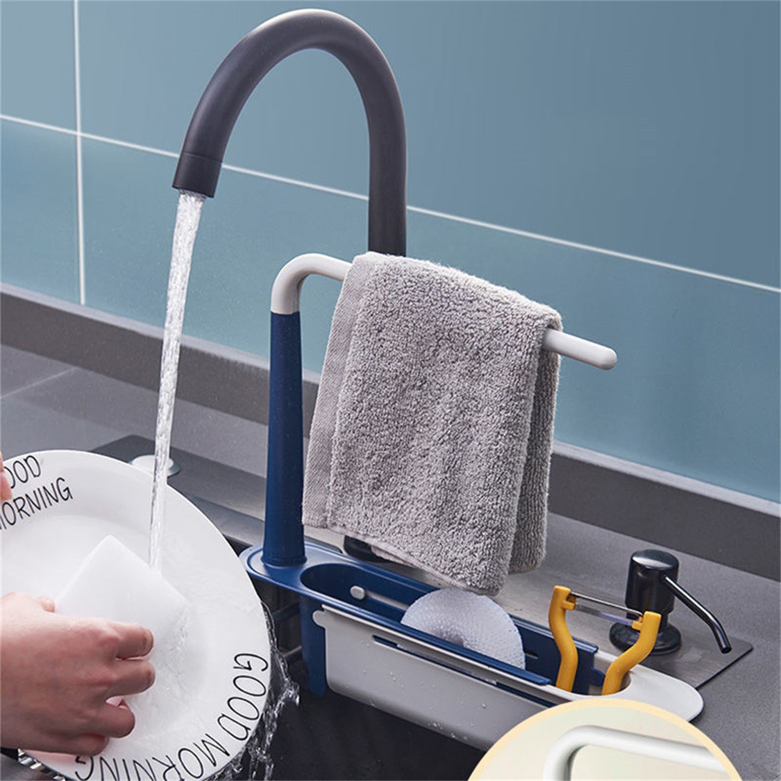 Adjustable Telescopic Sink Storage Rack, Blue - Cookingstuff