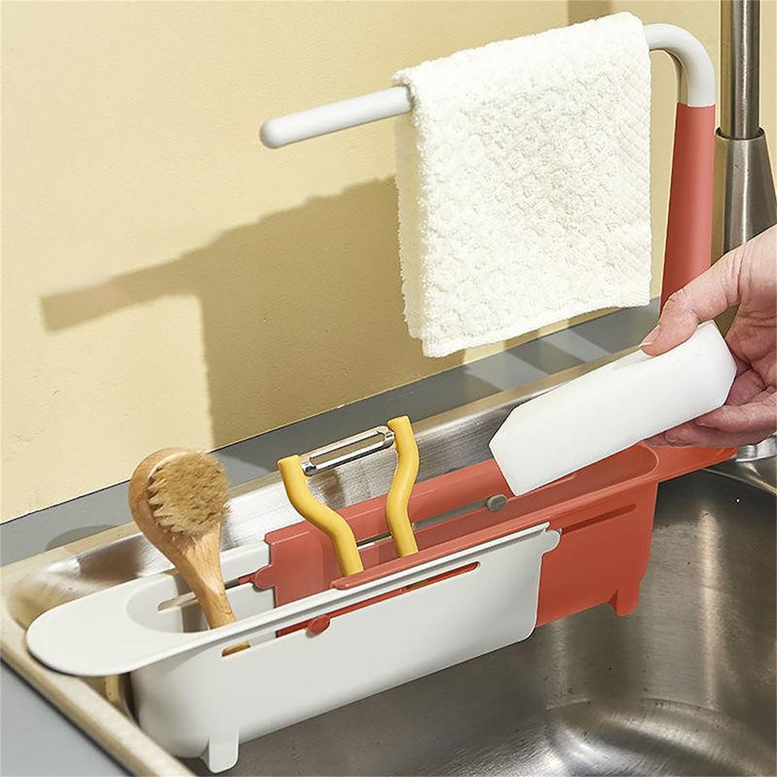 Adjustable Retractable Sink Storage Rack, Yellow, 1 X Telescopic Basket