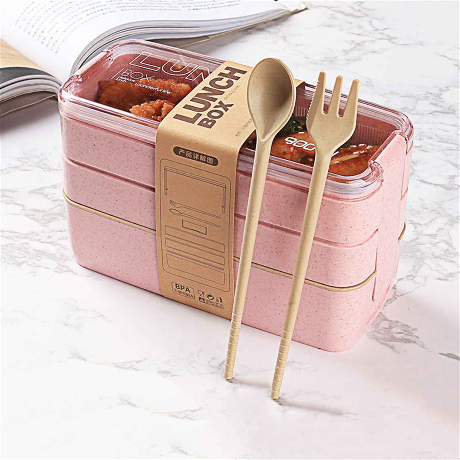 Leakproof 3 Layer Bento Box with Utensils, Eco-Friendly