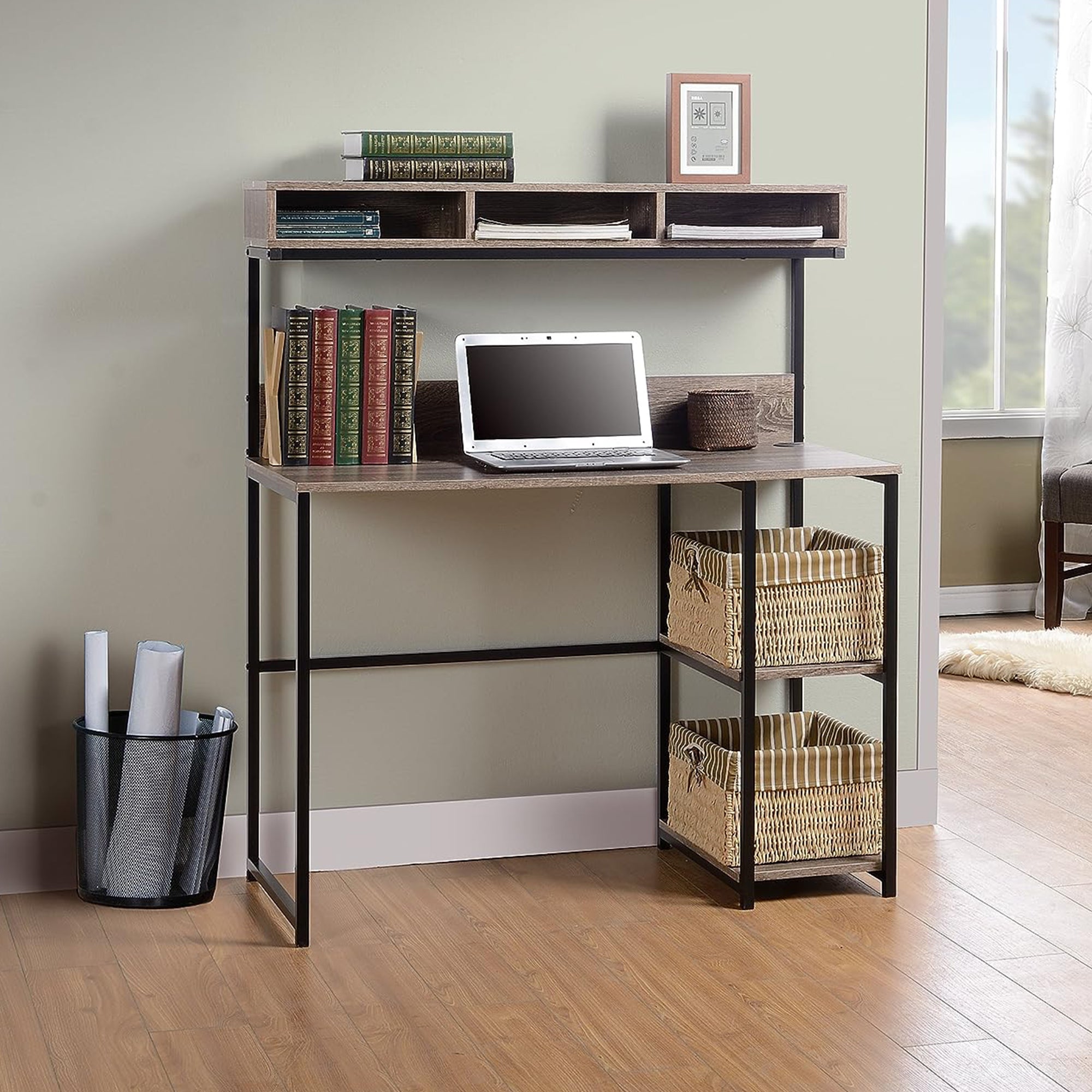 Engineered Wood Desk with Hutch, Shelves, Cupboards