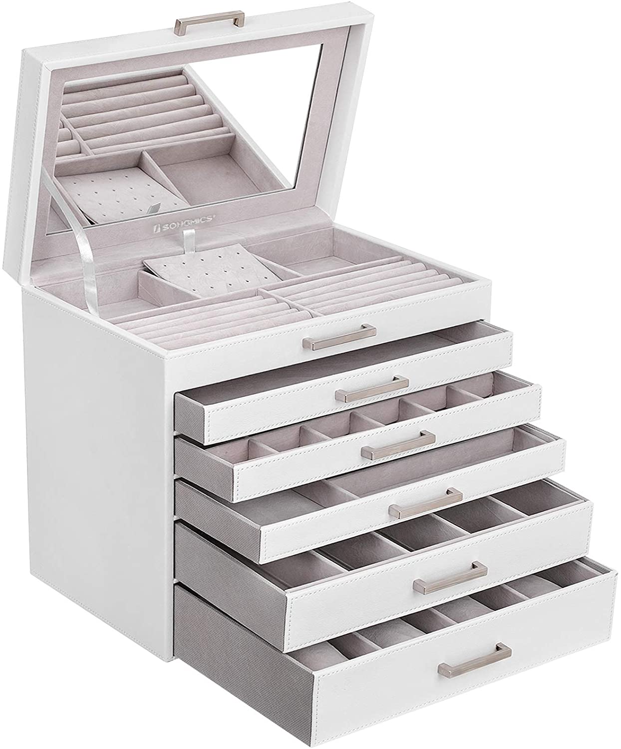 6-Tier White Jewellery Box with Drawers, Mirror, MDF