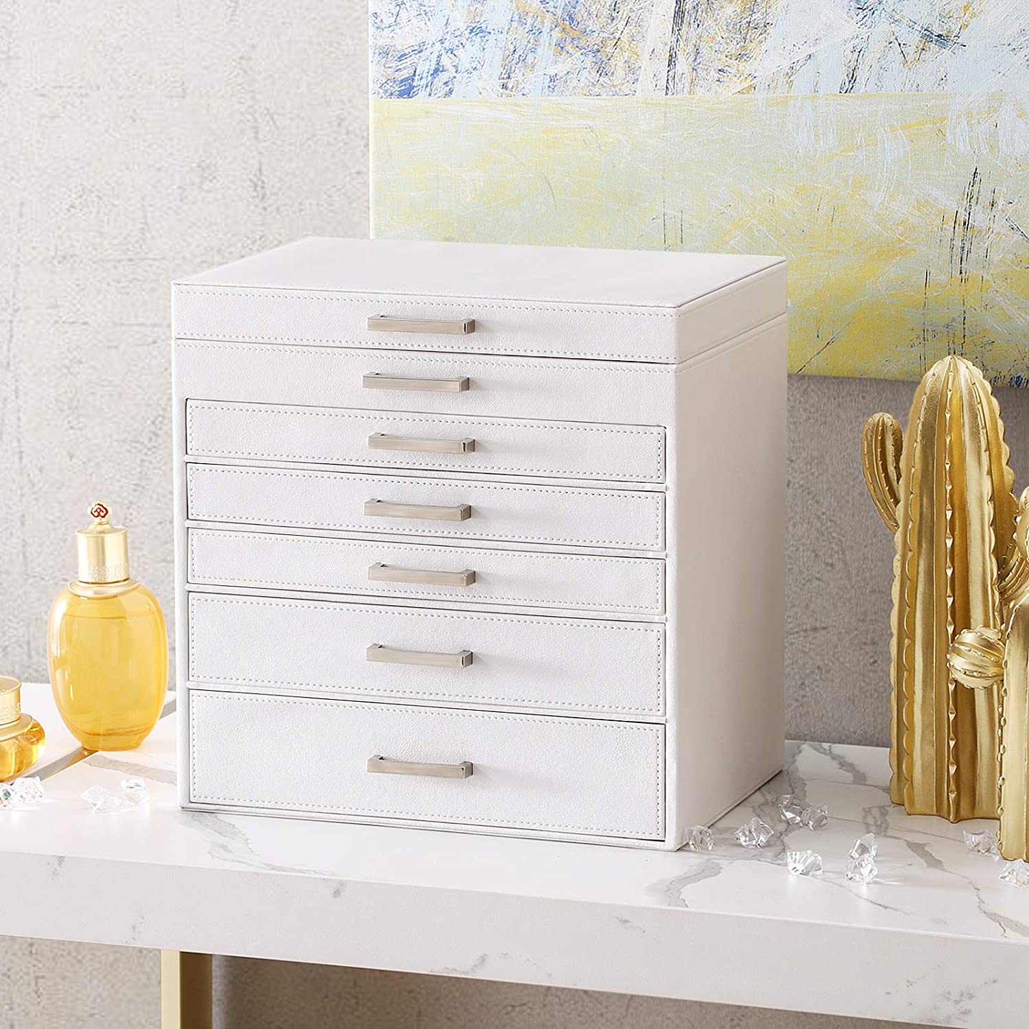 6-Tier White Jewellery Box with Drawers, Mirror, MDF