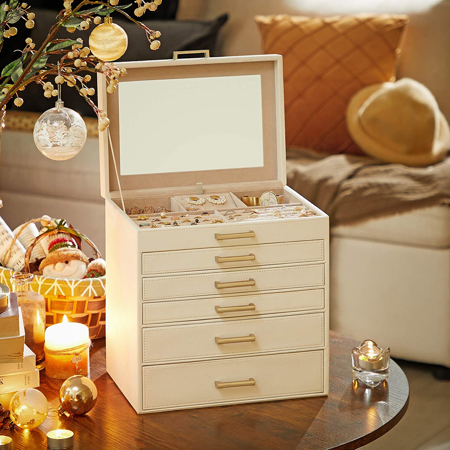 6-Tier White Jewellery Box with Drawers, Mirror, MDF