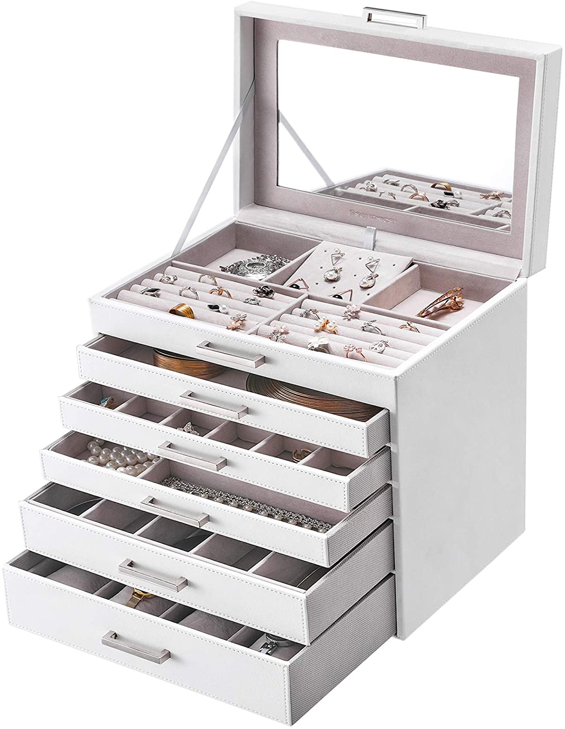 6-Tier White Jewellery Box with Drawers, Mirror, MDF