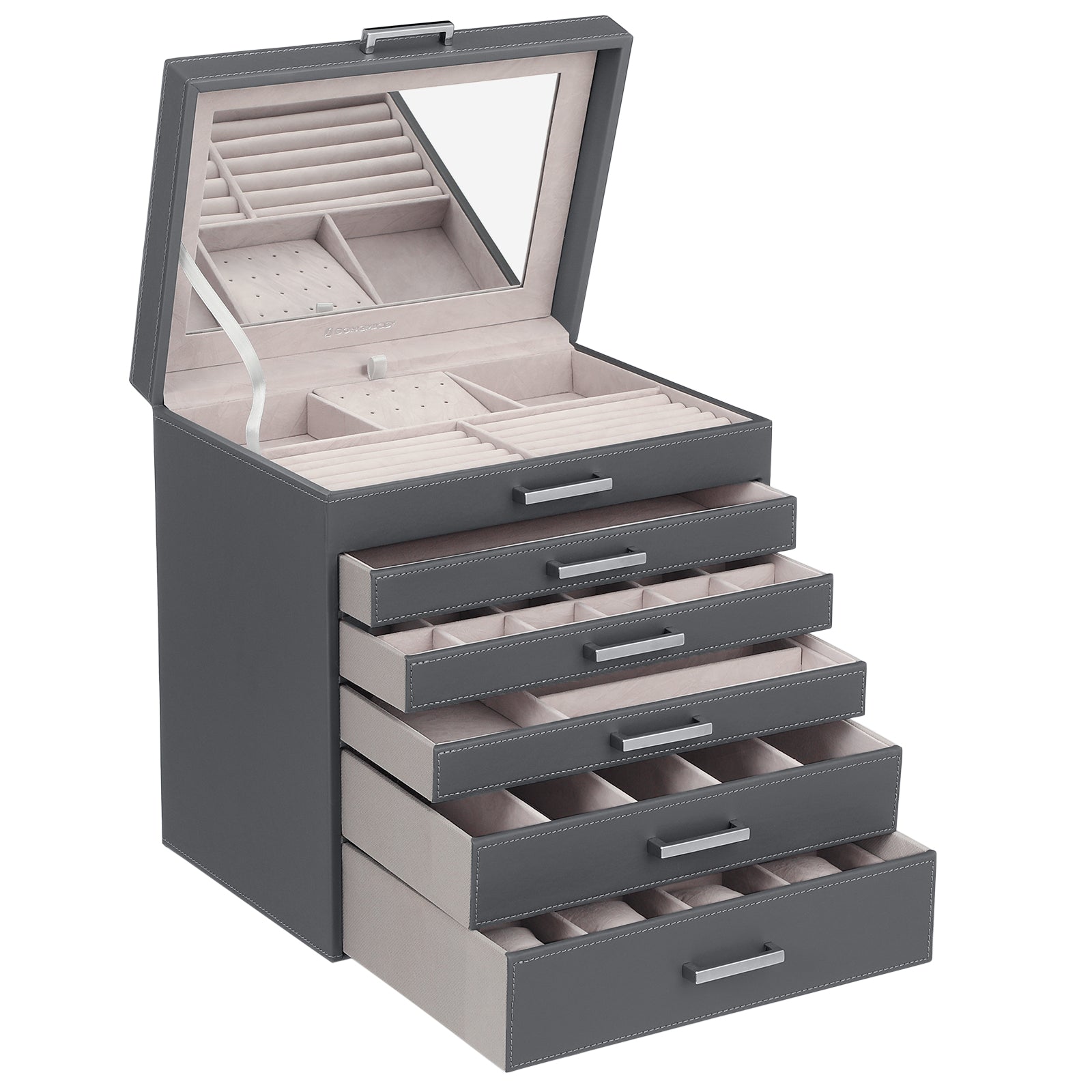 6-Layer Grey Jewellery Box with Drawers and Mirror, SONGMICS