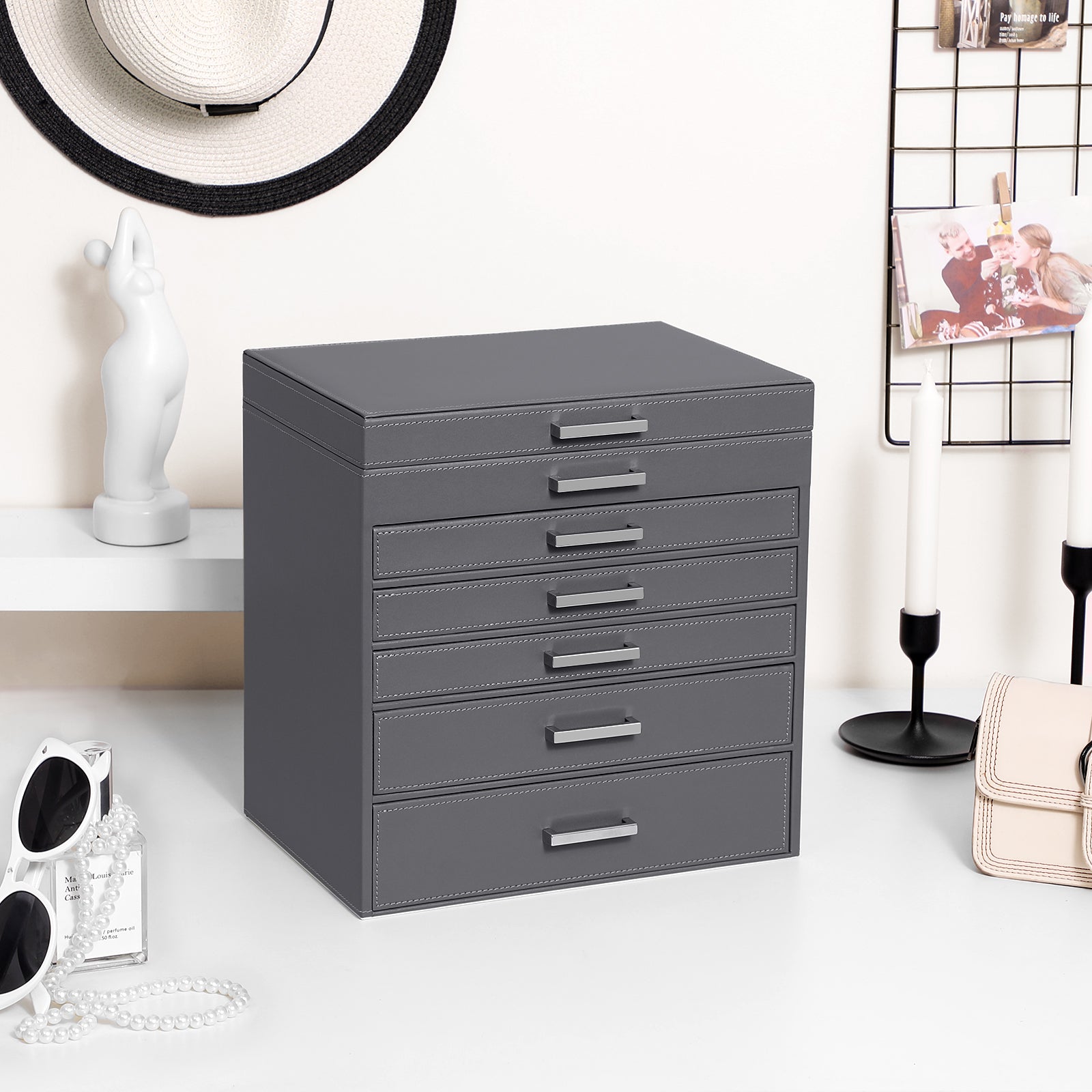 6-Layer Grey Jewellery Box with Drawers and Mirror, SONGMICS