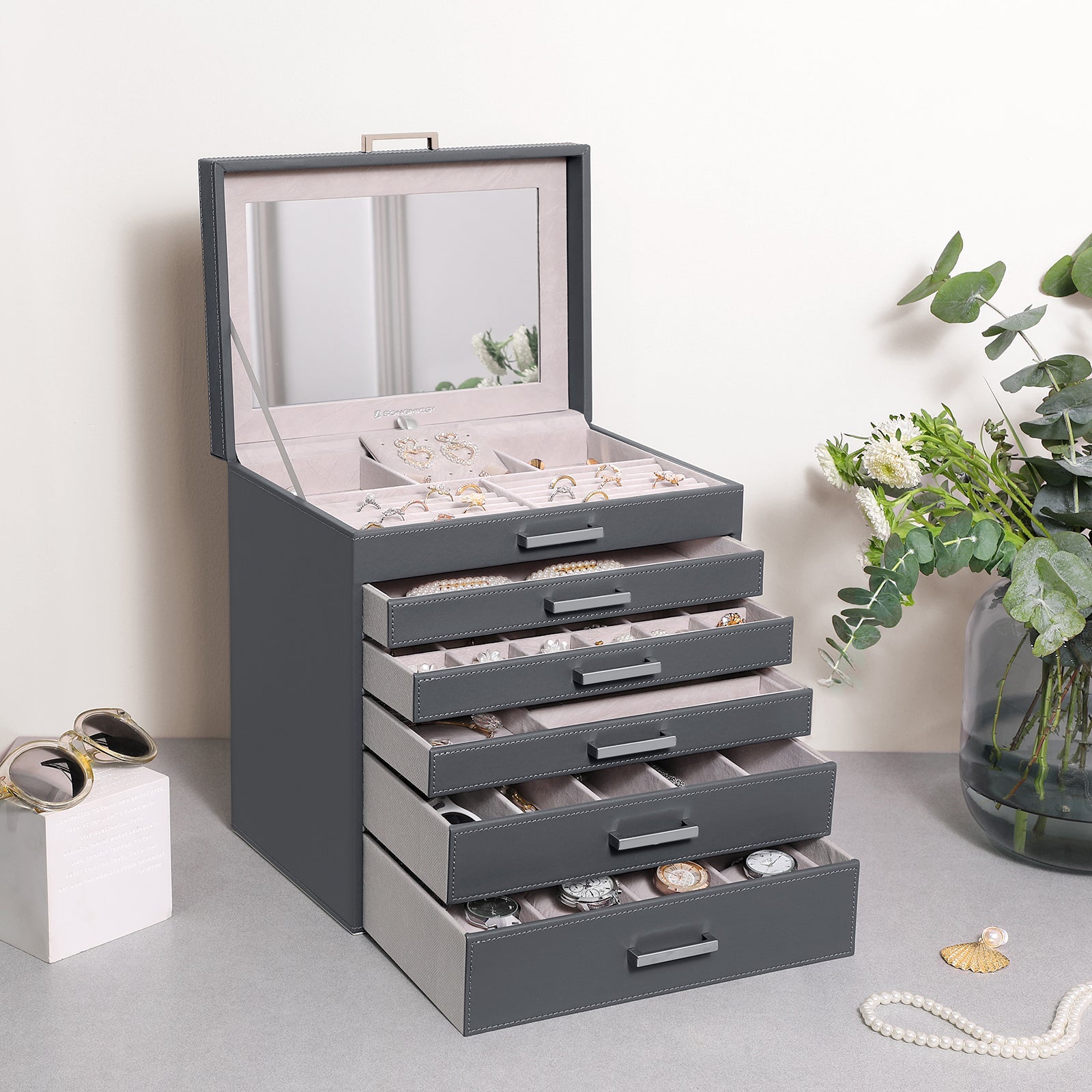 6-Layer Grey Jewellery Box with Drawers and Mirror, SONGMICS