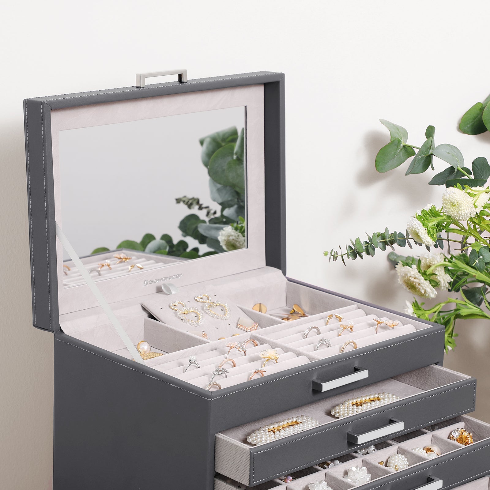 6-Layer Grey Jewellery Box with Drawers and Mirror, SONGMICS