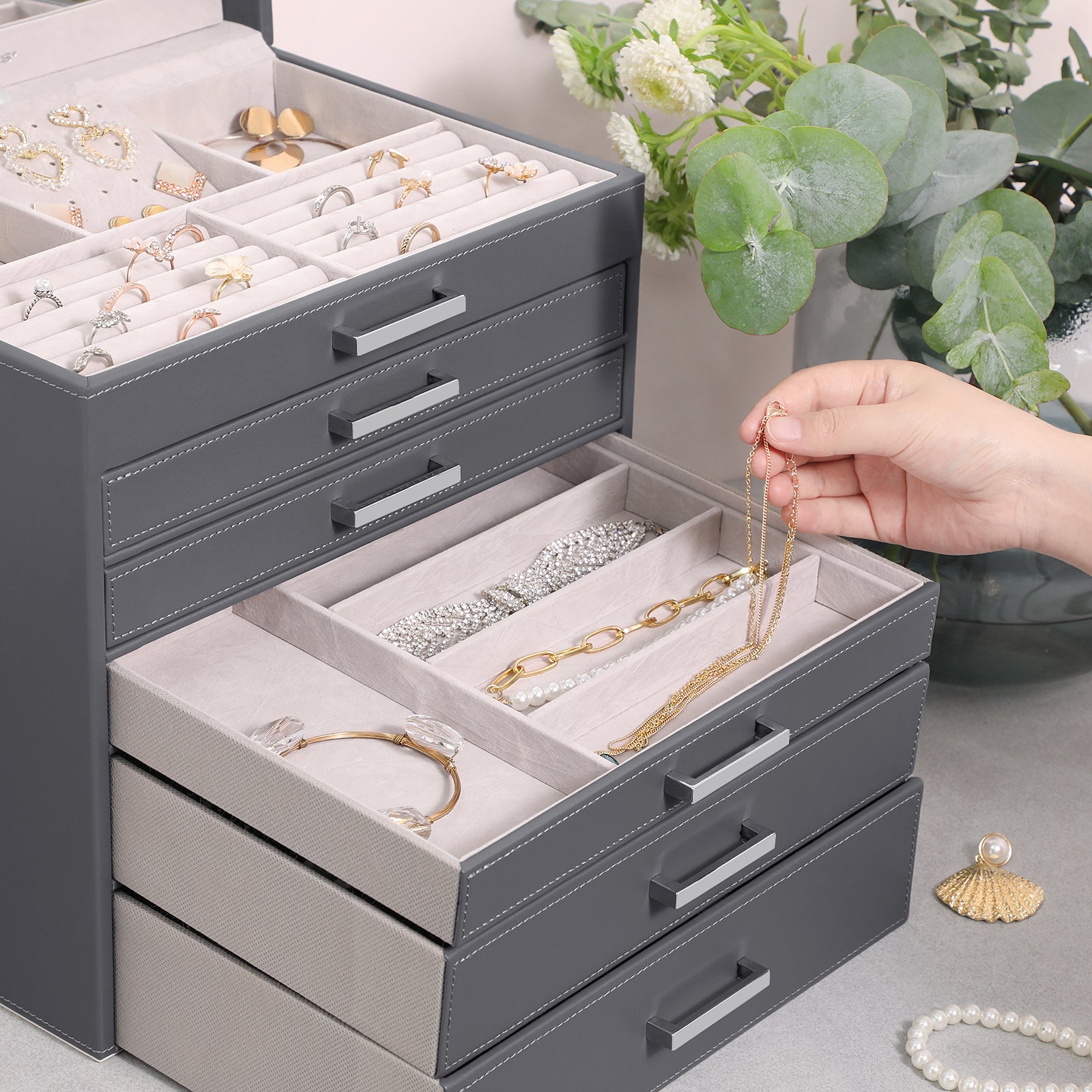 6-Layer Grey Jewellery Box with Drawers and Mirror, SONGMICS