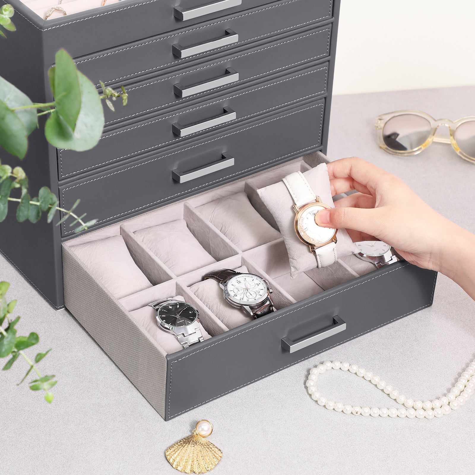 6-Layer Grey Jewellery Box with Drawers and Mirror, SONGMICS